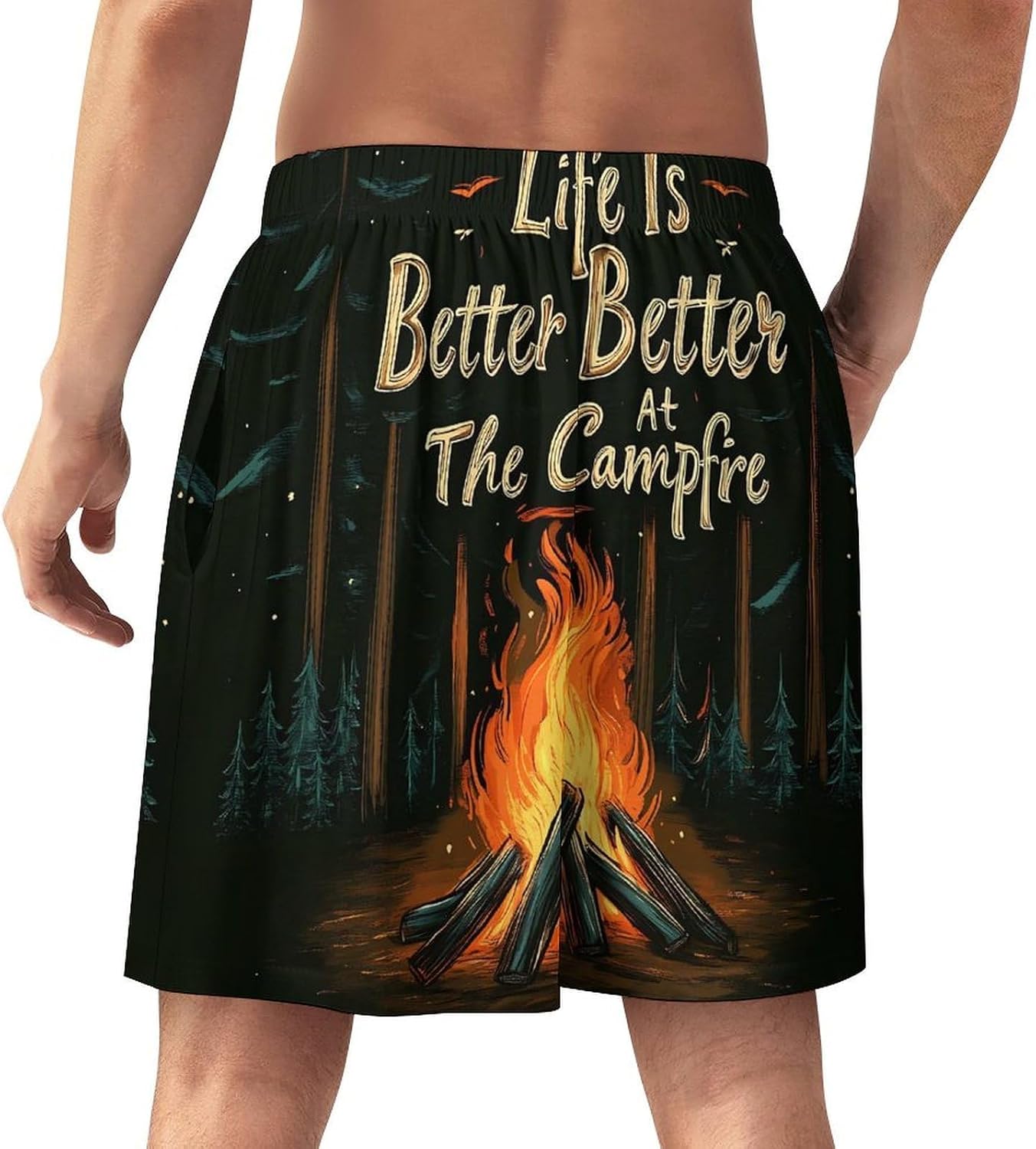 Fire Pit Camping Mens Shorts Pajama Pants with Pockets Casual Swim Trunks for Summer Beach