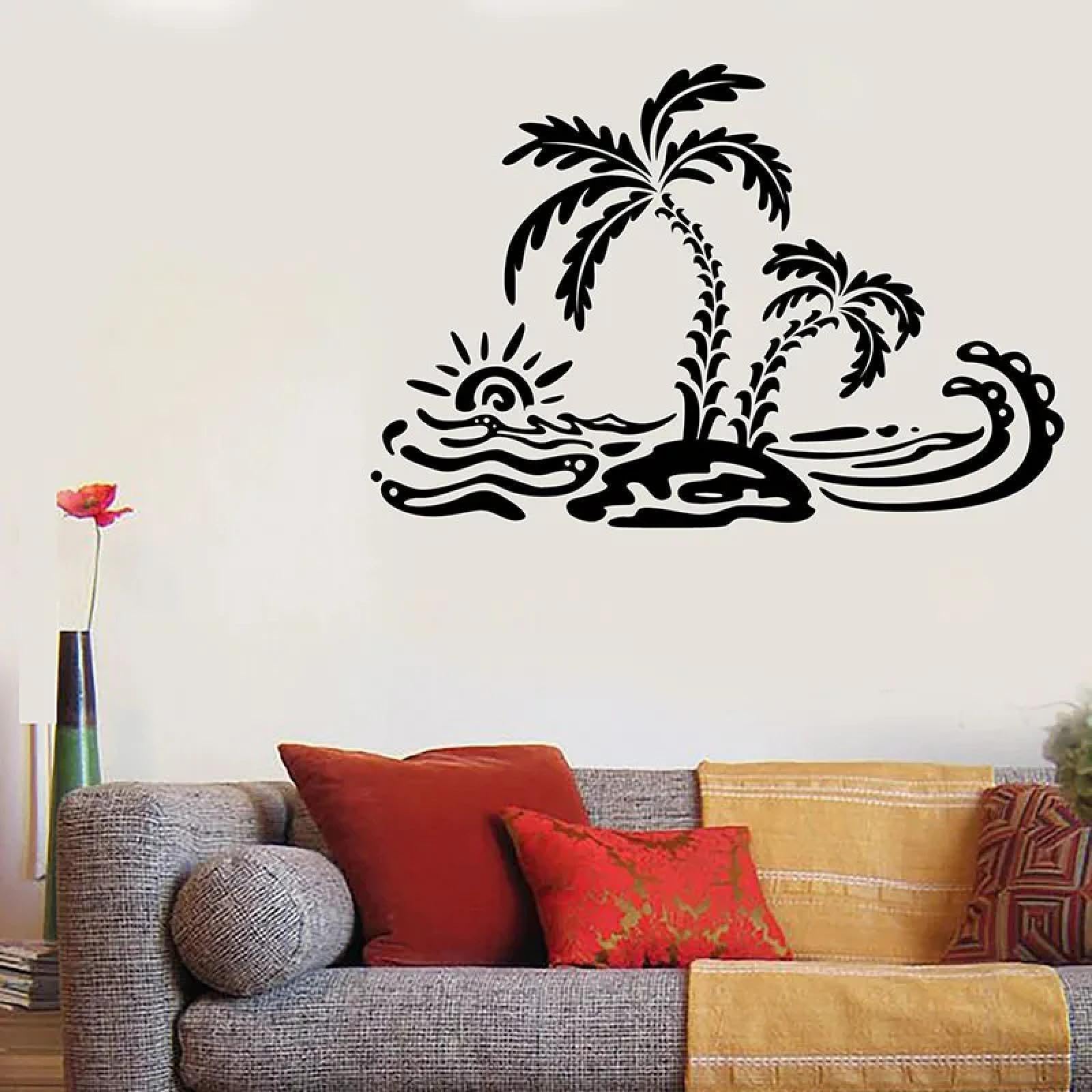 Beach-Style wall Sticker Summer Palm Island Ocean Wave Art Vinyl Window Sticker Wallpaper/Black