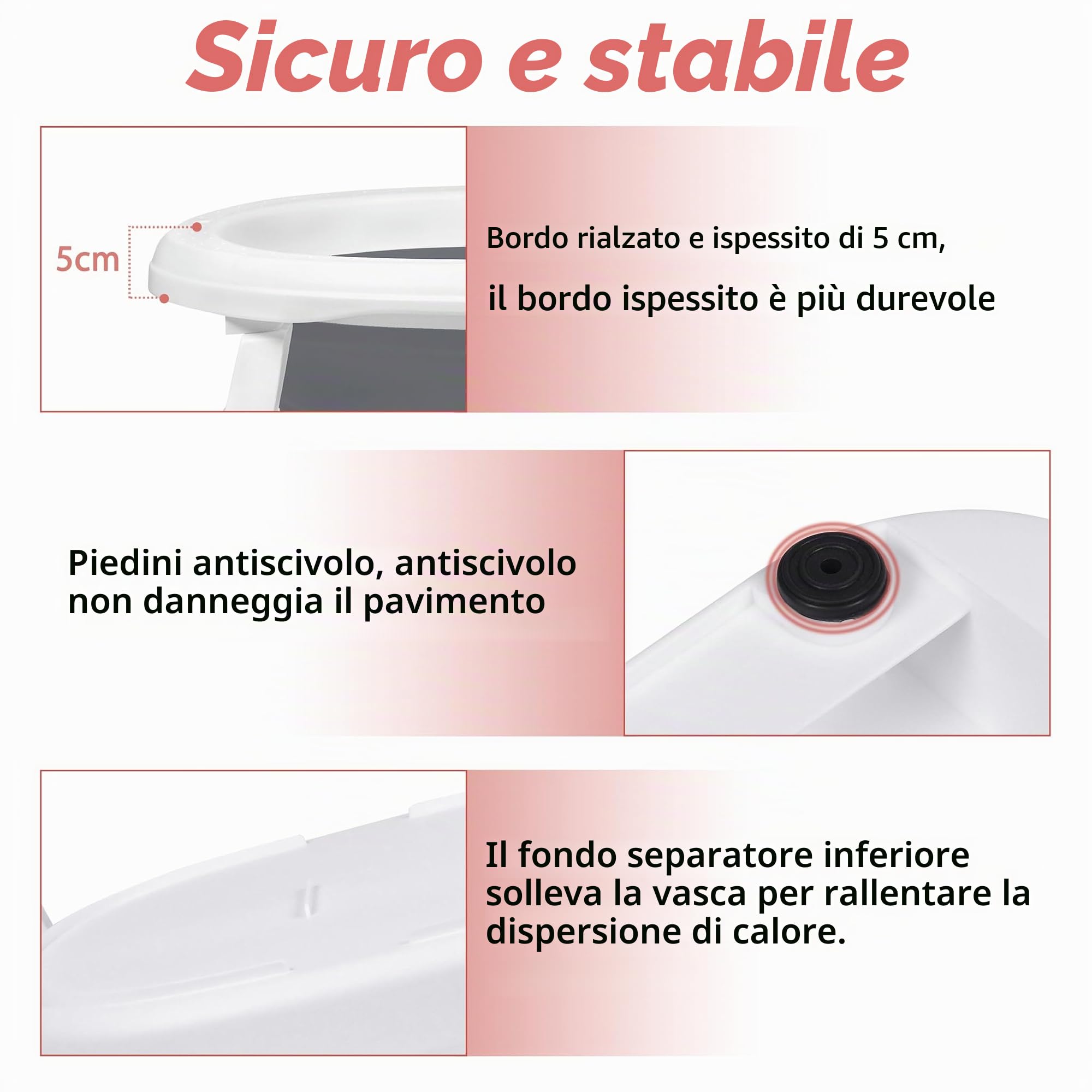 Froadp Vasca da bagno pieghevole per neonati con fori di scarico e poggiapiedi antiscivolo, navicella ergonomica per neonati (antracite, con cuscino)
