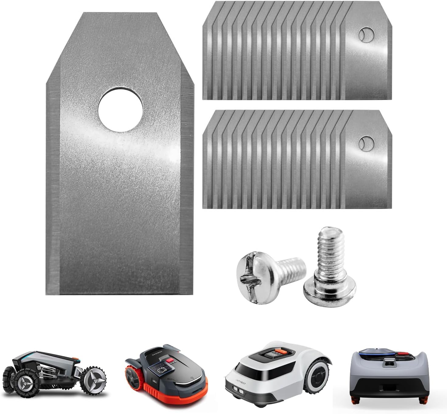 Green Piece Robotic Mower Blades (30 Pack) – Extra Long & Extra Strong Stainless Steel – Compatible with Husqvarna Automower, Gardena, Segway, Navimow, etc. – High-Performance Cutting with Screws