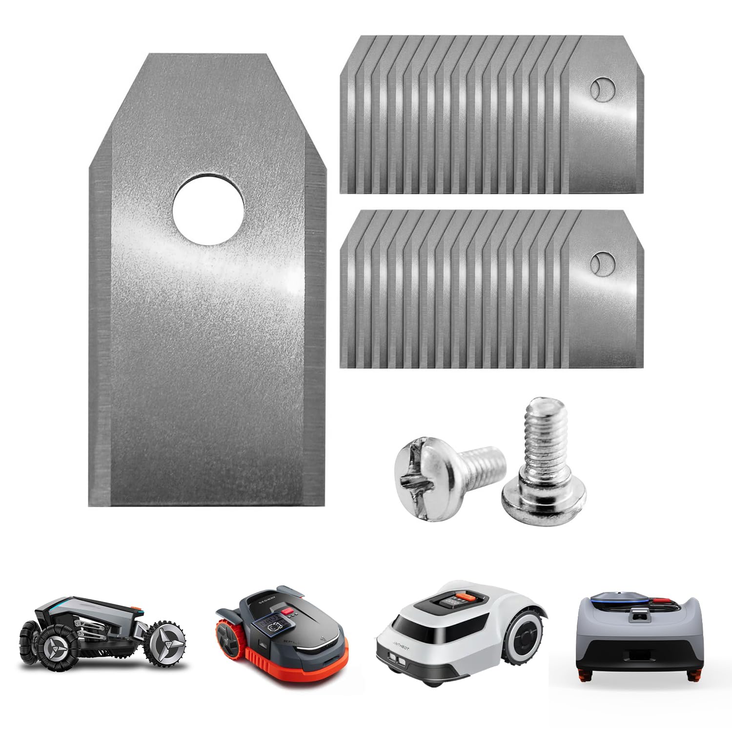 Green Piece Lame per robot tosaerba (confezione da 30) – in acciaio inox – 0,75 mm – compatibili con Husqvarna Automower, Gardena, Segway, Navimow, Ecovacs, ecc. – Taglio ad alte prestazioni con viti