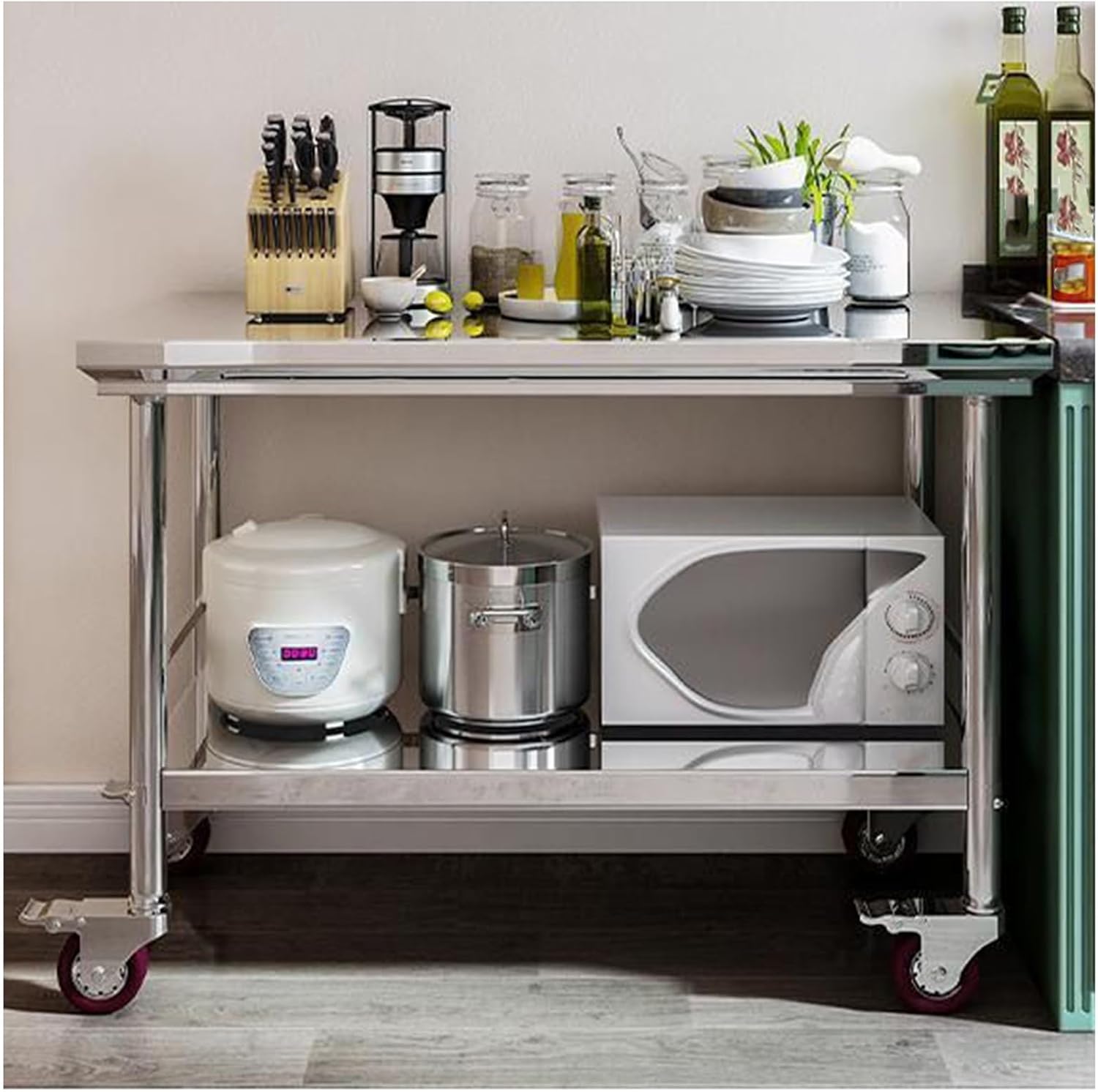 304 Thickened Stainless Steel Work Table Double-Layer Movable Kitchen Carts with Railings Commercial Warehouse Packing Workbench