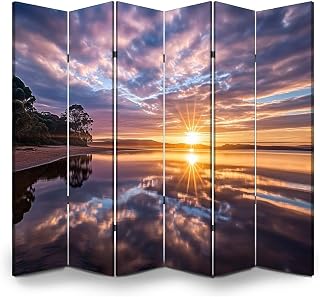 6 Panels Room Divider Screen Sunrise Mallacoota Wood Folding Privacy Screen Partition Canvas Wall Divider Freestanding Portable Indoor Separator