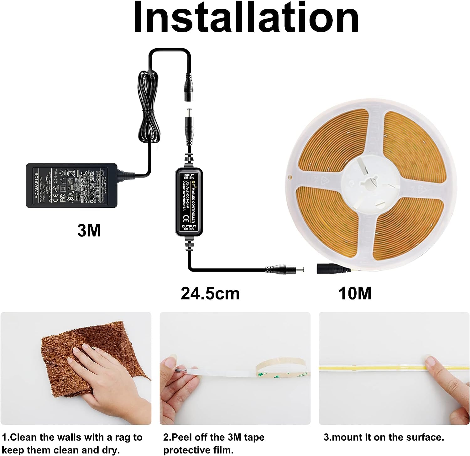 Kit di strisce LED COB, striscia LED senza punti con telecomando e alimentatore, DC24V, CRI> 90, larghezza 8 mm, luci a LED continue dimmerabili, per decorazione della camera da letto (3000