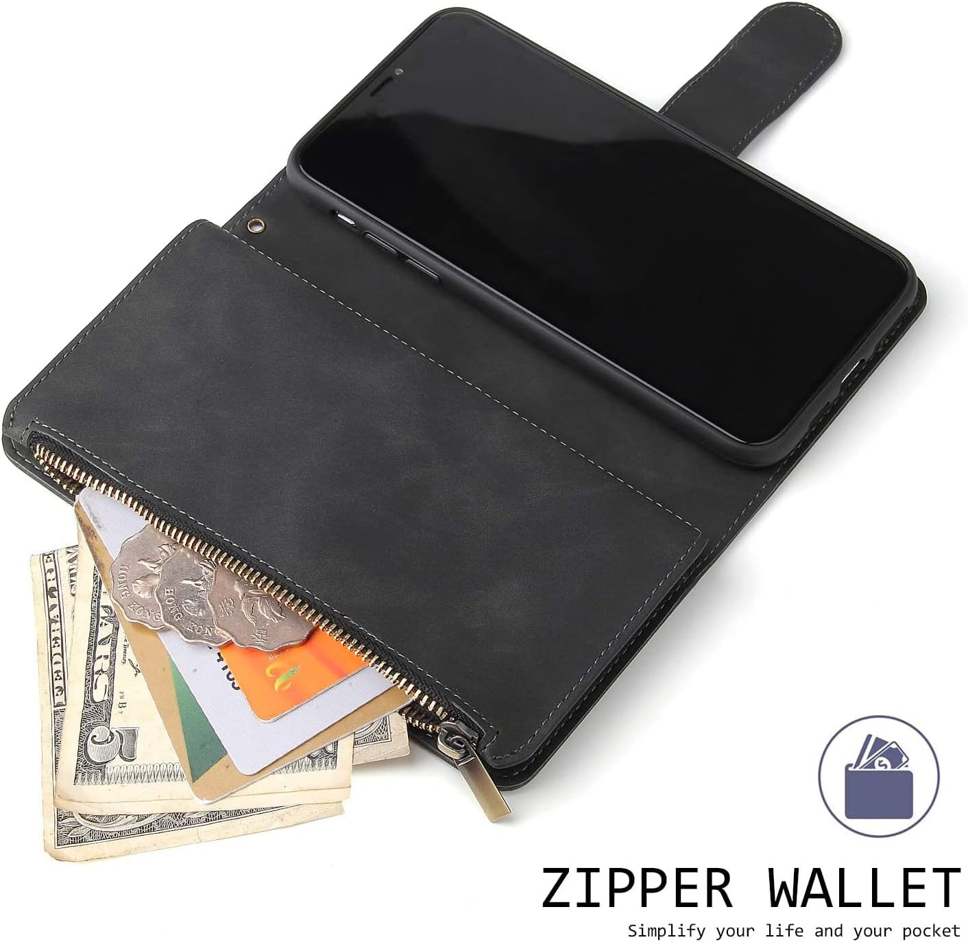 QLTYPRI Wallet Case for Samsung Galaxy A13 5G/A04s, Premium Vintage PU Leather Zipper Pocket Case with Card Holder Slots Magnetic Closure Kickstand Wrist Strap Shockproof Flip Folio Case - Black