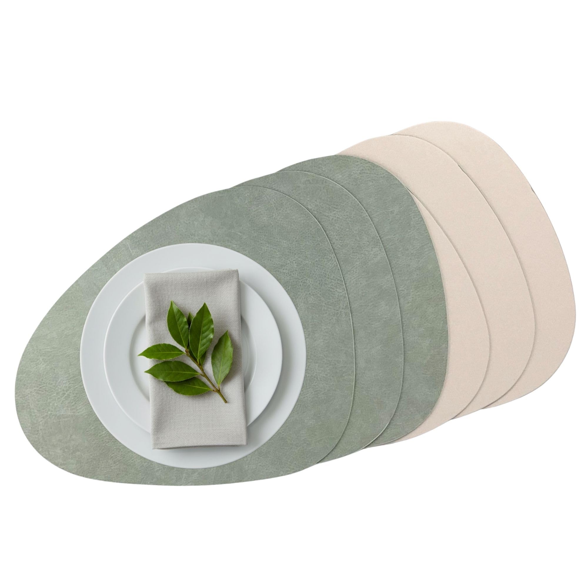Platzset Kunstleder oval, Wendbares Tischset abwaschbar, Modernes Platzdeckchen, Tischunterlage Nierenform (Salbei/Beige, 6 Stück Platzsets)