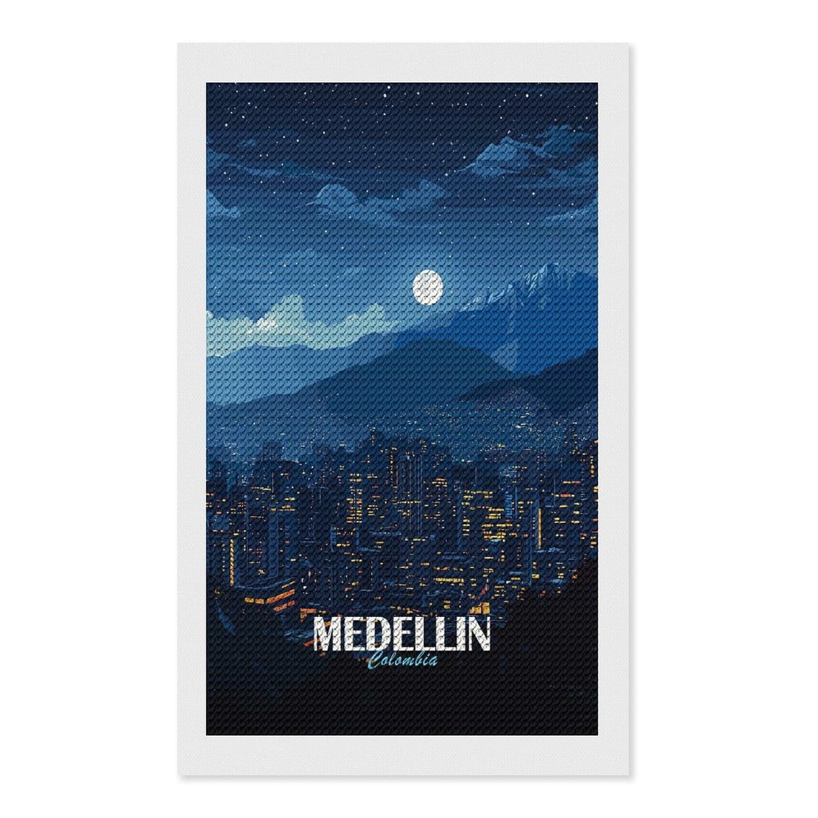 Junmoney Medellin Colombia Night Cityscape Crystal Diamond Art Kit 12"x20", Round Gems, Detailed Printed Canvas, Creative Gift Idea, Vintage Style Decor