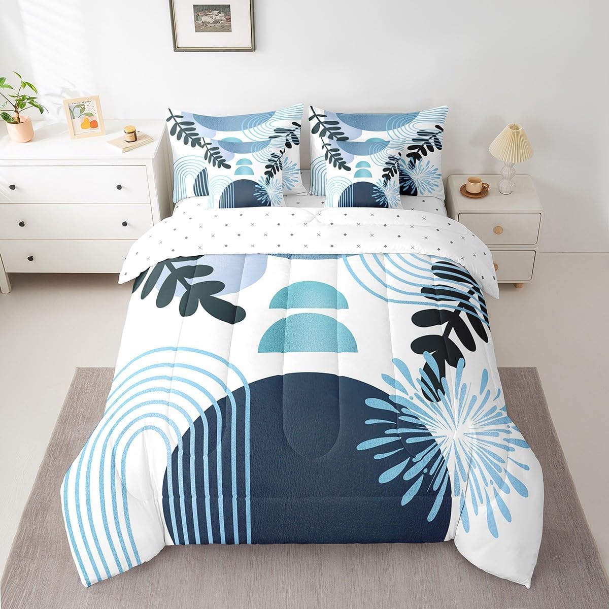 Boho Mid Century Bed in a Bag King Size Comforter Set 7 Pieces Abstract Geometric Modern Minimalist Bedding Sets,Geometric Line Art Sheet Set Circle Graphic Ombre Stripes Room Decor,Teal Blue