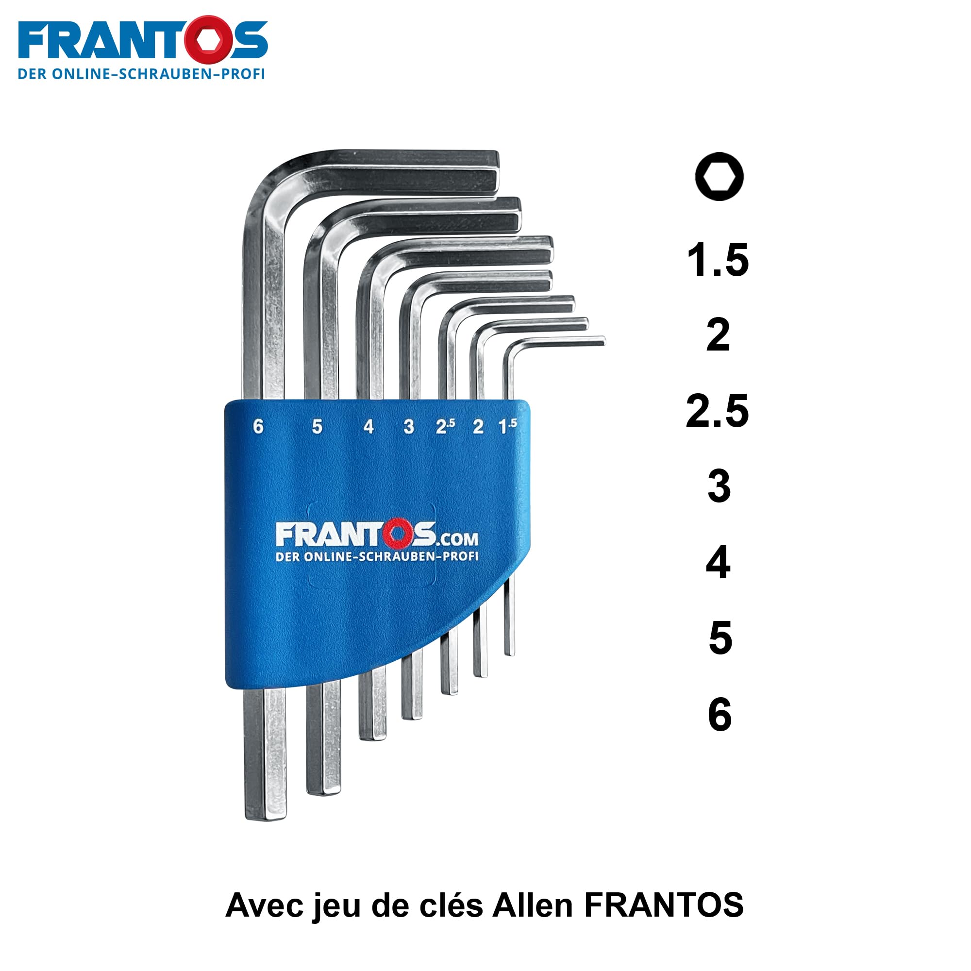 FRANTOS Assortiment Vis Cylindriques Acier Zingué DIN 912 (1500 Pièces), Coffret Vissrie L-BOXX + 4 Clés Males
