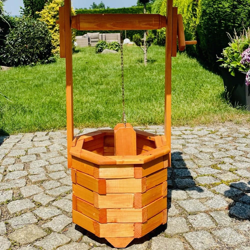 Dekoracyjna fontanna ośmiokątna z drewna, brązowa, wysokość 130 cm, fontanna ogrodowa, impregnowana
