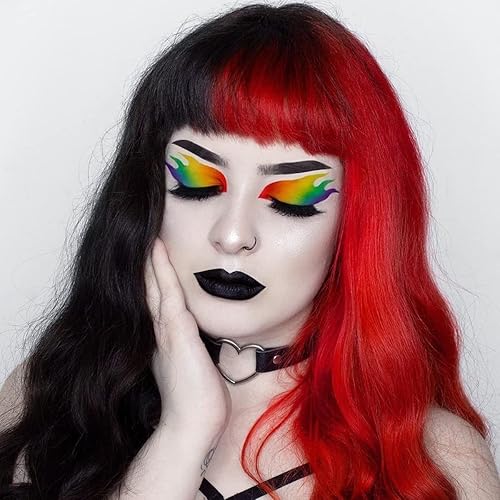 Creamily Negro y rojo Halloween rizado onda pelucas con flequillo corto rizado ondulado parte media sintético Cosplay peluca de pelo para mujeres