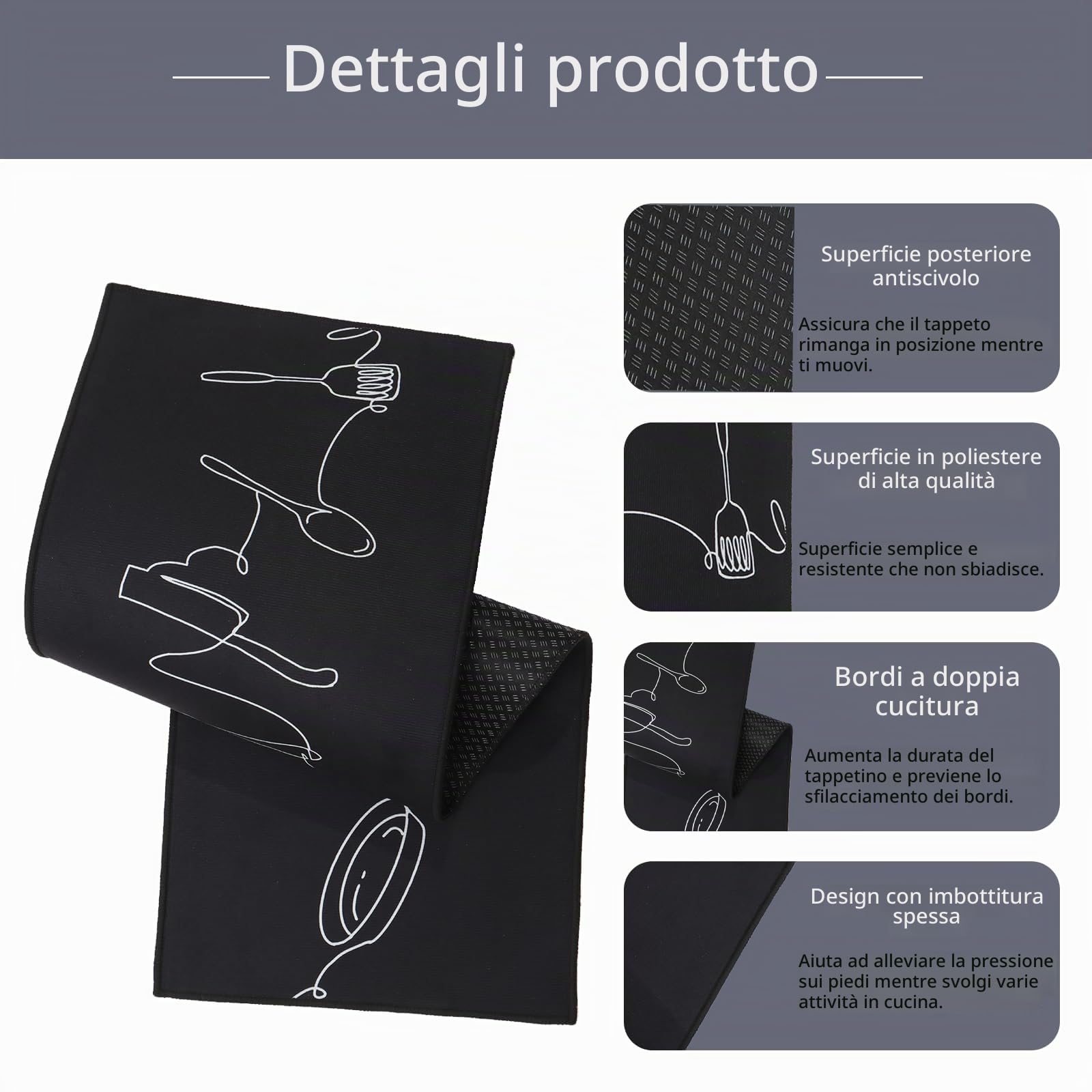 2 pezzi tappeti e stuoie da cucina, tappetini da cucina antiscivolo lavabile, per cucina, corridoio, soggiorno, camera da letto,nero,43x75+43x150cm