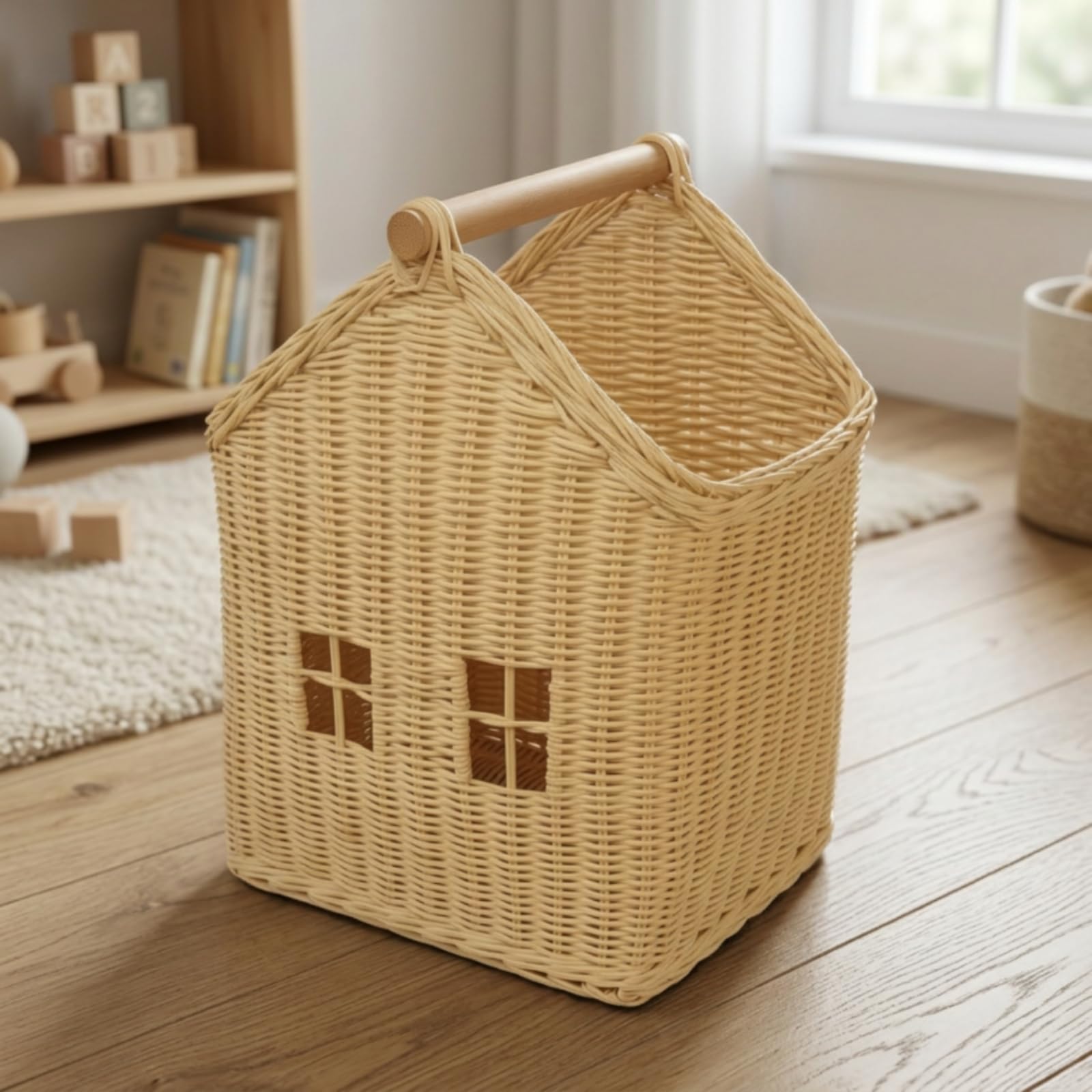 Cestino Portaoggetti Bambini Cesta Contenitore Organizzatore Cassetta Raccoglitore Intrecciato con Maniglia in Legno Leggera Trasportabile Adatto per Cameretta Libreria Tavolo, Grande