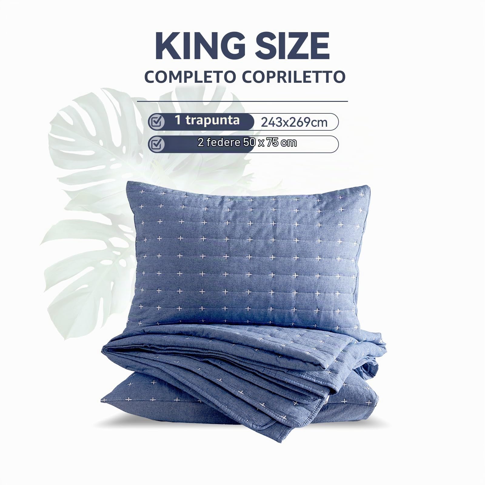 Qucover Copriletto Matrimoniale 240x260cm, Trapuntato Morbido e Confortevole, in Cotone Lavato, 3 Pezzi con Motivo a Punto Croce Moderno, Estivo Trapuntato con Federe Blu