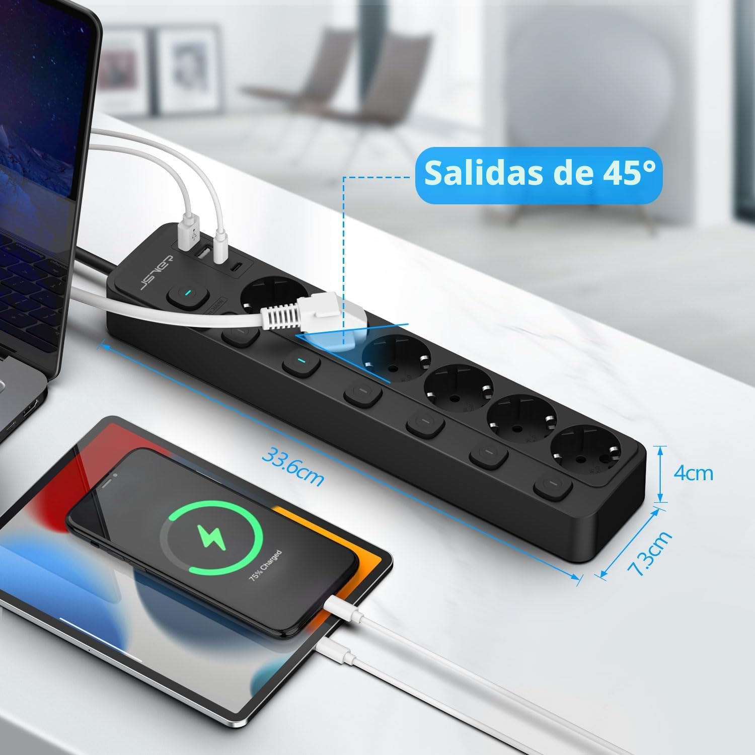 JSVER Regleta con Conmutación Individual, Enchufe Múltiple de 6 Tomas con 2 USB C&2 A, Regleta USB C(3680 W 16 A) para Oficina, Hogar o Viajes, Cable de 2 m