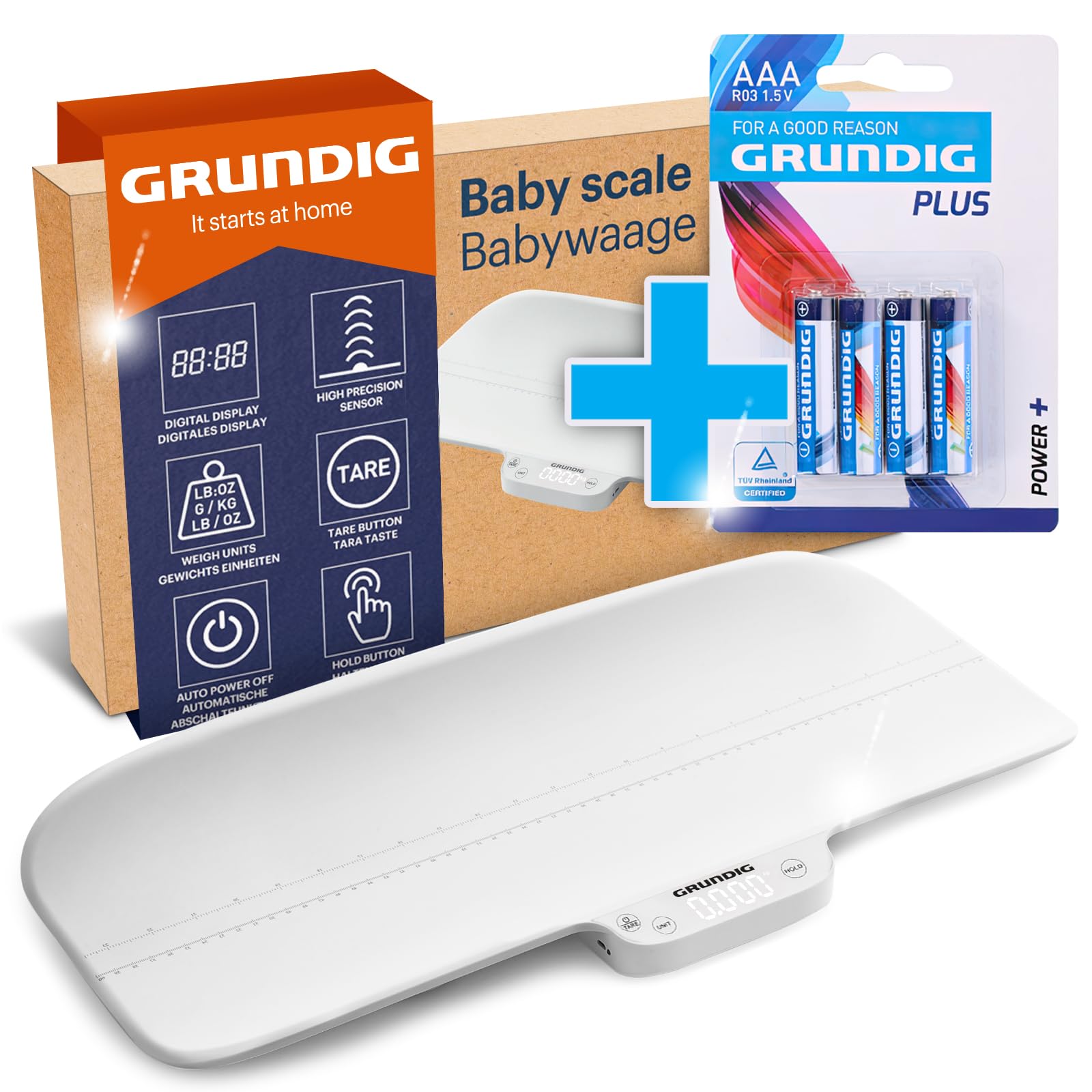 GRUNDIG Babywaage mit Körperlängen Messung - hochpräzise Baby Waage mit Hold Automatik für genaue Ergebnisse bei Strampelmäusen - Digital Scale mit Tara Funktion - bis 40kg belastbar (inkl. Batterien)