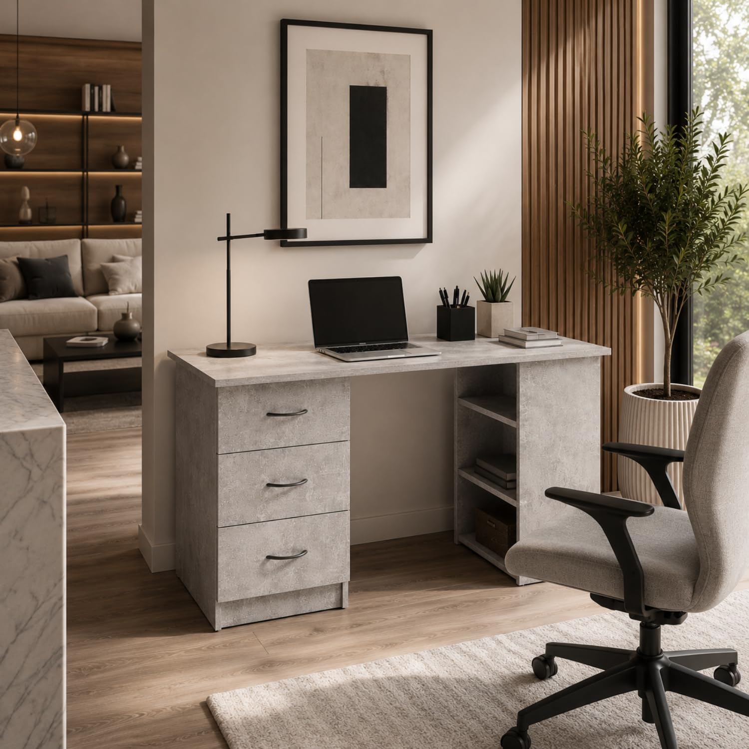 Arreditaly Scrivania Moderna Con 3 Cassetti E 3 Vani A Giorno Scrittoio Struttura In MDF Resistente Design Minimal Ideale Per Ufficio Studio Cameretta E Smart Working 120 x 49 x 72 Cm Grigio Cemento