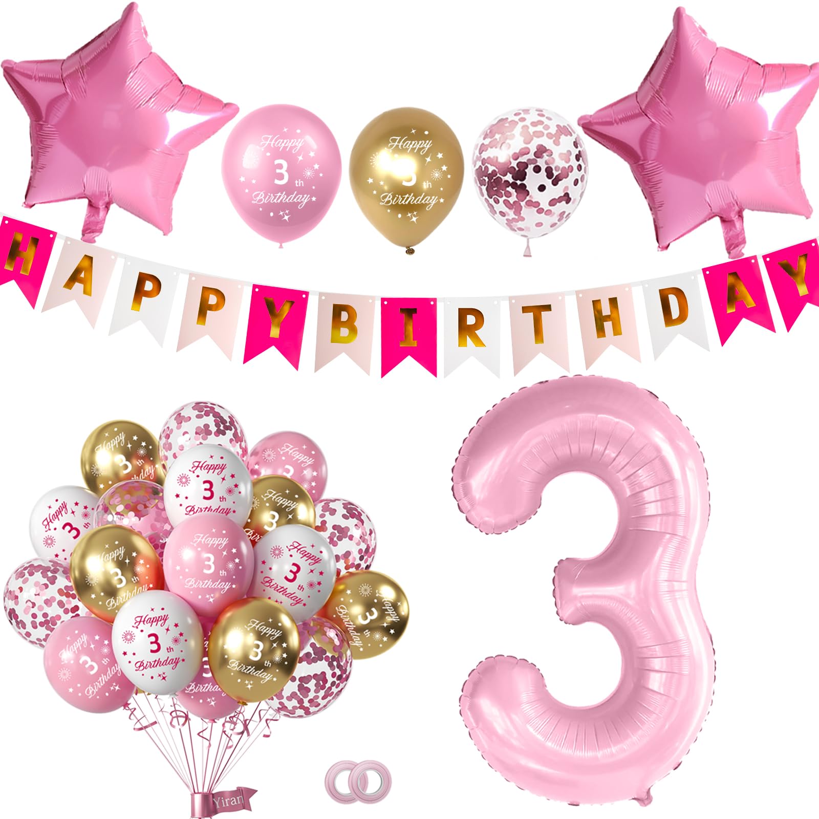 Pink 3rd Birthday Decorations for Girls Including Happy Birthday Banner, Number 3 Foil Balloon, 2pcs Star Balloons and 16pcs Happy 3rd Birthday