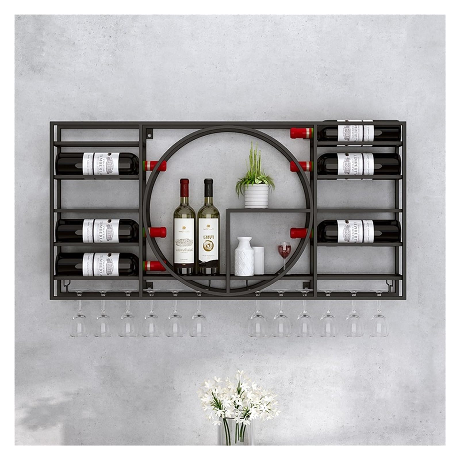 Étagère à vin murale design flottant cadre en métal noir de 43 cm