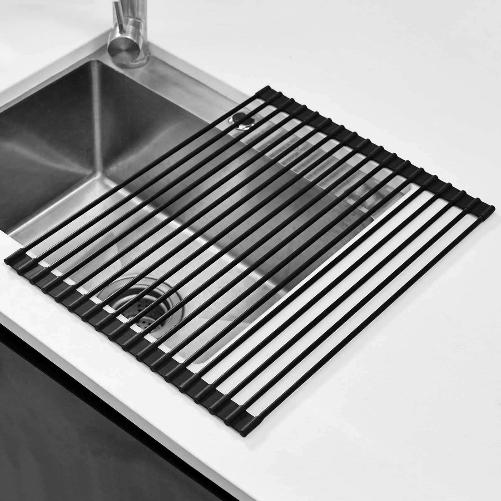 KitchenRaku Dreieckiges Abtropfgestell Geschirr | Faltbare Matte für das Waschbecken in der Küche | 304 Edelstahl/Silikon | Als Abtropf für die Küchenspüle