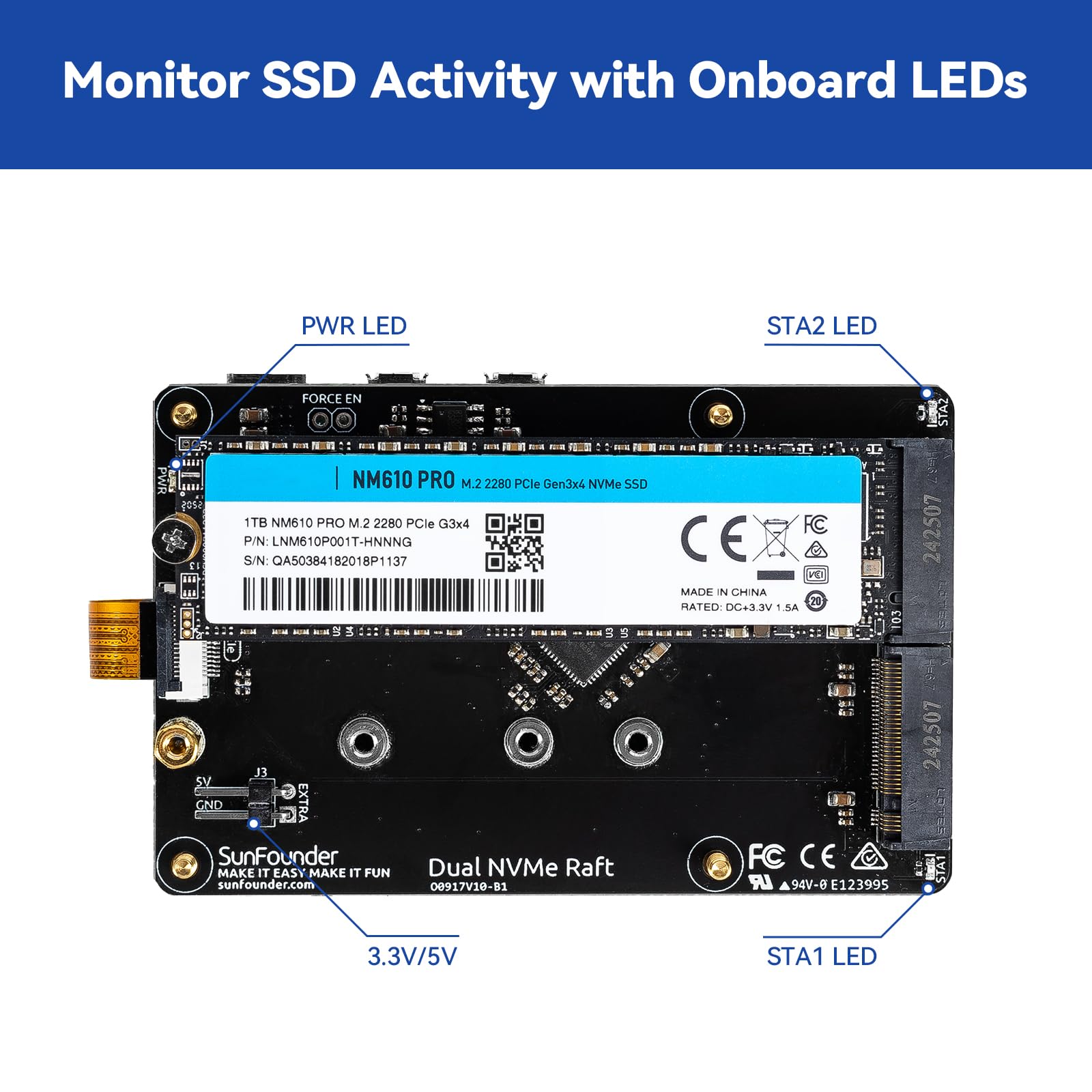 SUNFOUNDER Dual NVMe Raft pour Raspberry Pi 5 PCIe Gen 2.0 vers M.2 HAT Key-M SSD Hailo-8L AI Accelerator PIP M.2 2230/2242/2260/2280 NAS RAID 0/1, indicateurs LED, manuel