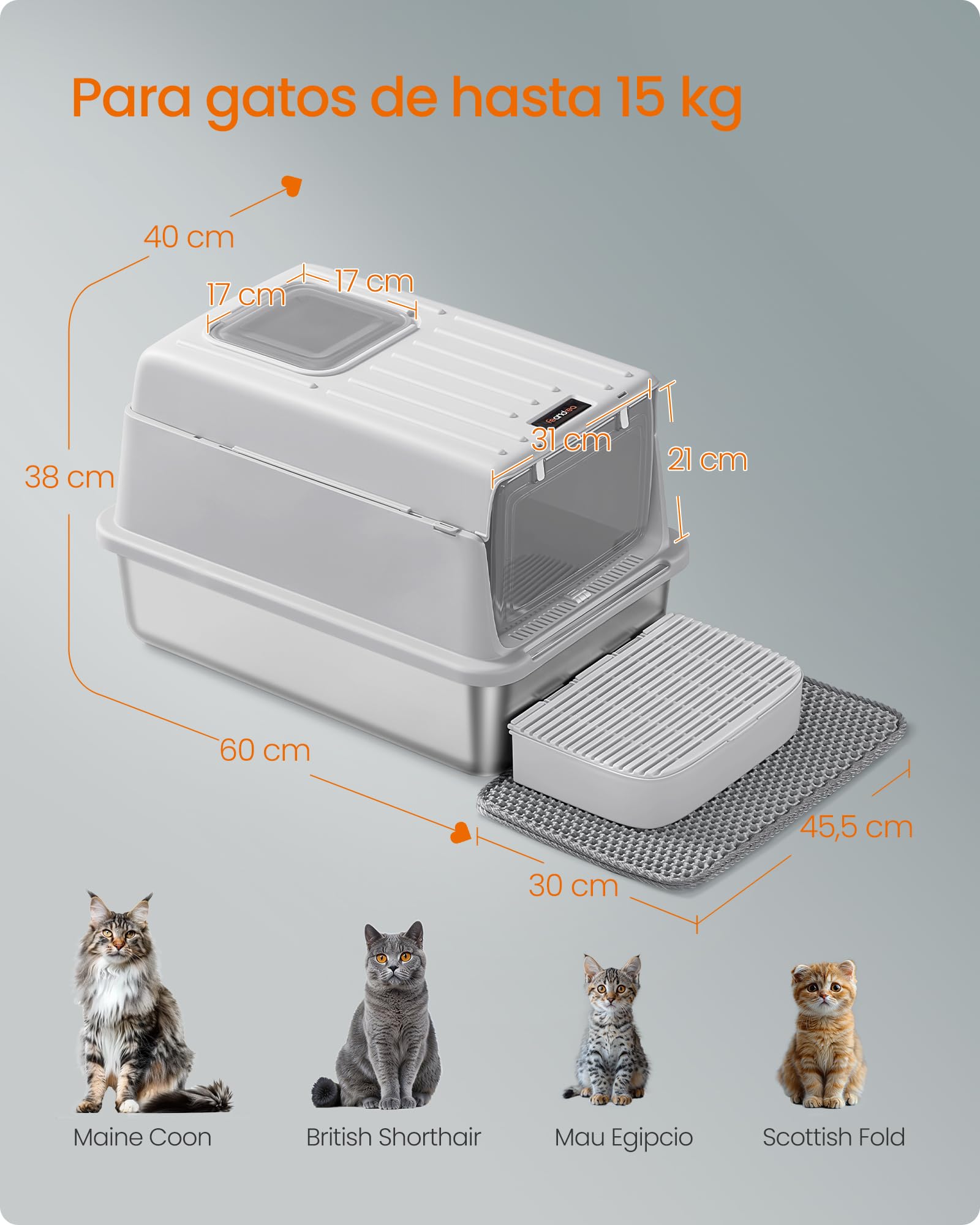 Feandrea Arenero para Gatos de Acero Inoxidable, Caja de Arena con Tapa, Incluye Pala, Alfombrilla y Dos Accesos, para Gatos de hasta 15 kg, Gris Claro PPT007GD01