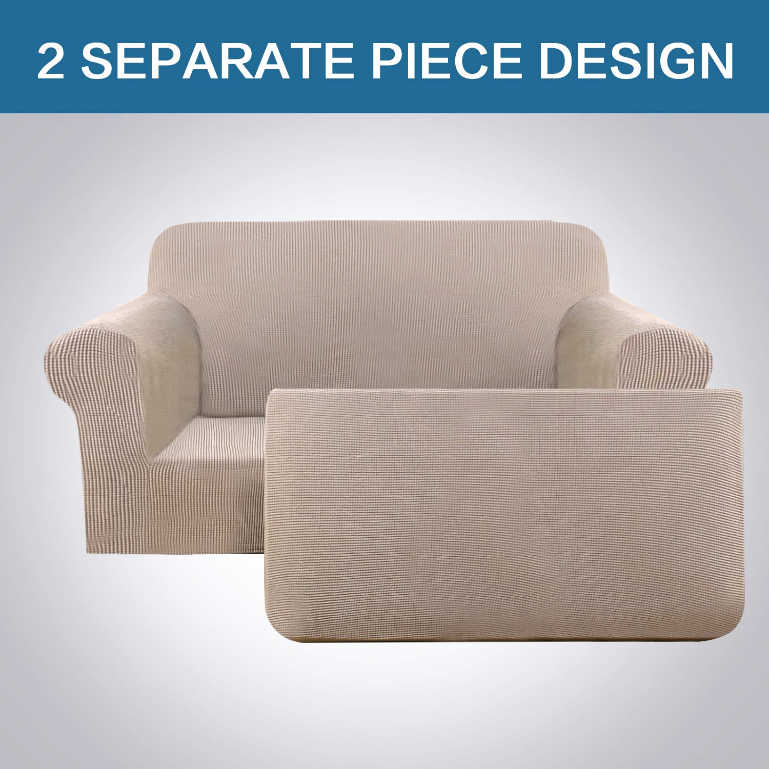 H.VERSAILTEX 2 Pieces Loveseat Covers Fit Lovesat Width Up to 70 Inch Furniture Cover/Protector, Jacquard Spandex Stretch Loveseat Slipcovers Suit for T Cushion/Box Cushion (Loveseat, Sand)