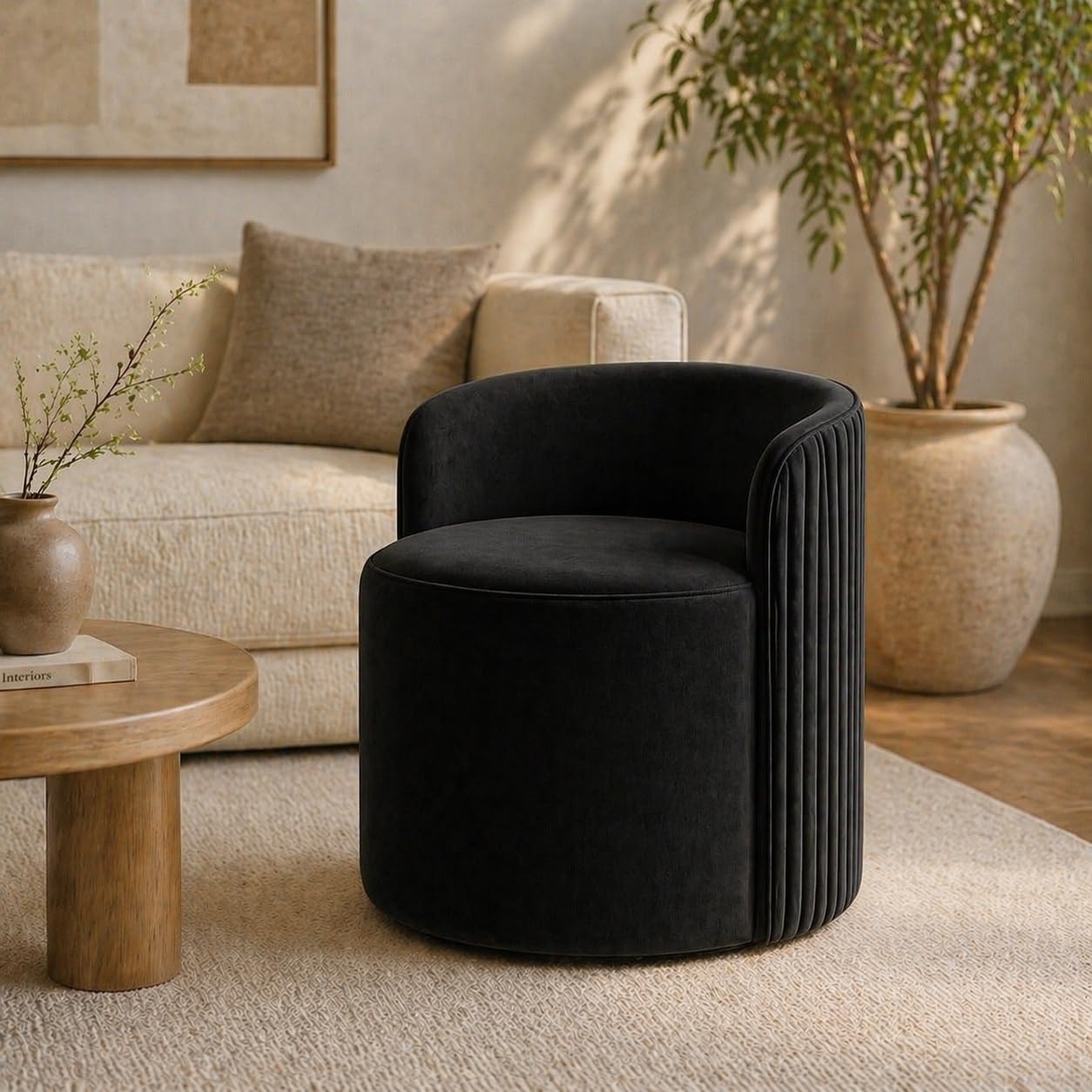 Zenture Luxury Velvet Ottoman Chair Pouffe Stool with Backrest | Soft Padded Upholstered Seating for Living Room, Bedroom, Dressing Table & Office | Modern Round Sofa Ottoman Home Décor (Blk)-image-1