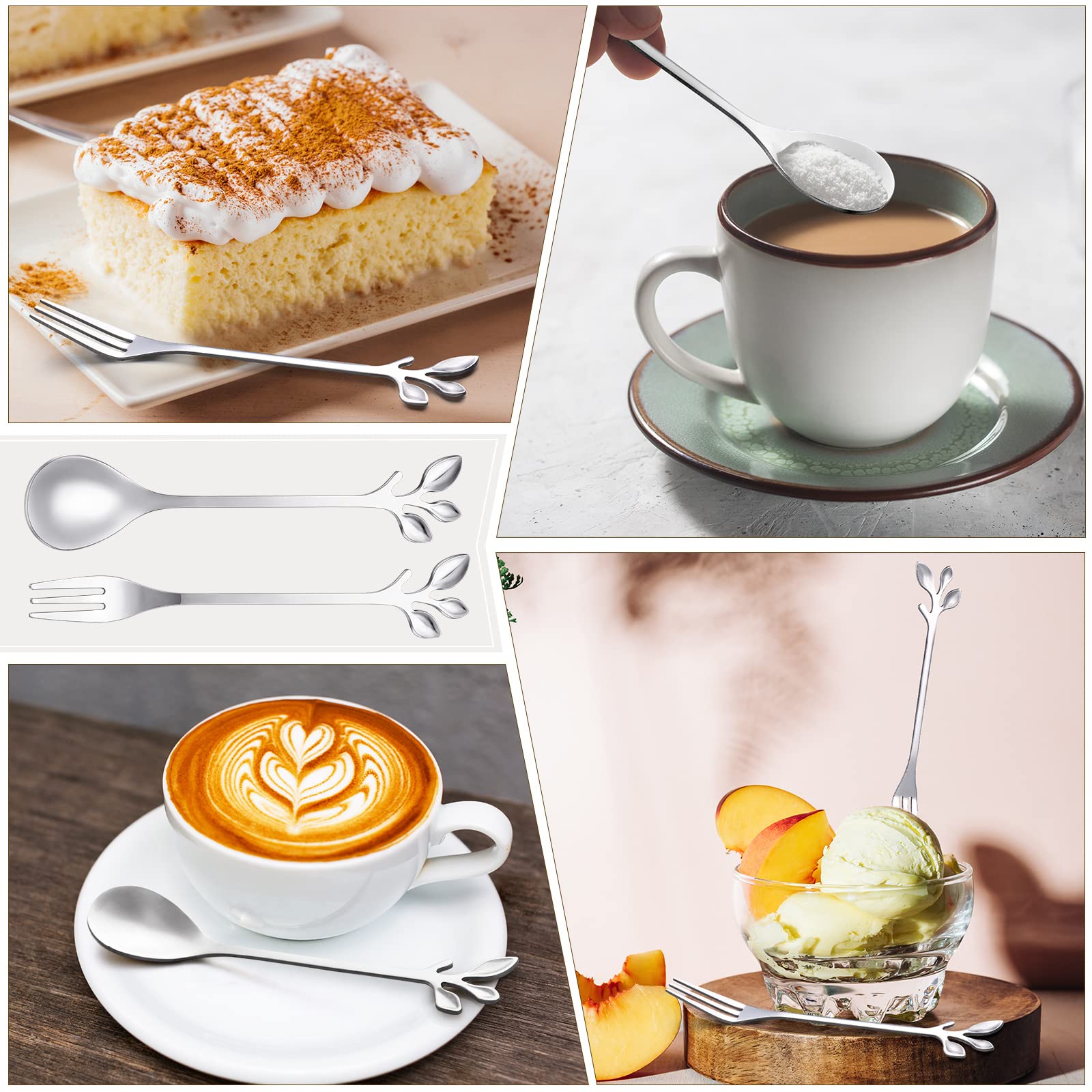 Cuchara de café de acero inoxidable y tenedor de aperitivos, cuchara de postre, mini utensilios de postre, cucharas y tenedores creativos para remover frutas, pasteles, café, té (plata, 40 piezas)