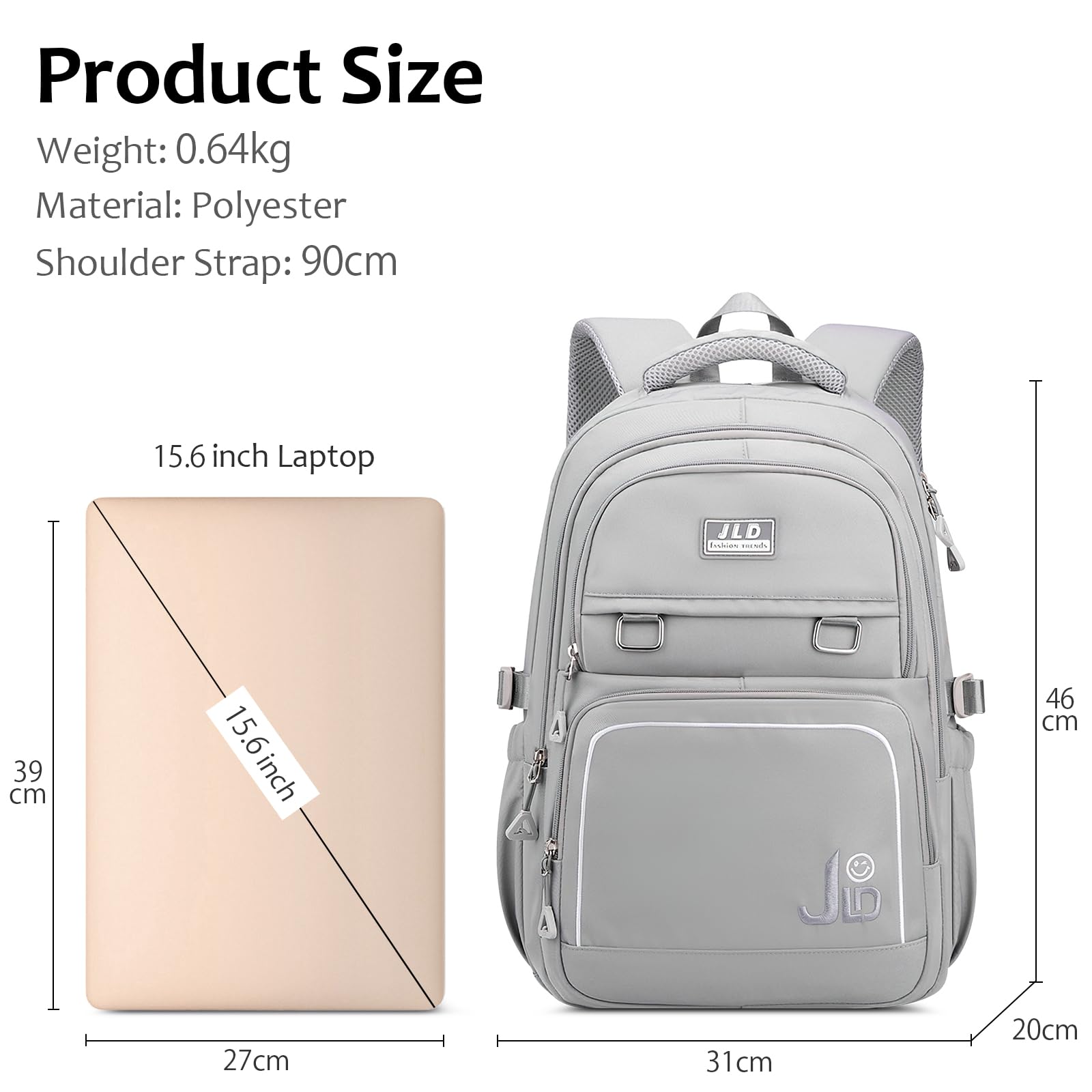 Ragazze Zaino Studenti Zaini Scuola Donna Porta PC 15,6 Pollici Borsa Zainetto Impermeabile Poliestere Daypack per Viaggio Campeggio Uso Quotidiano Grigio