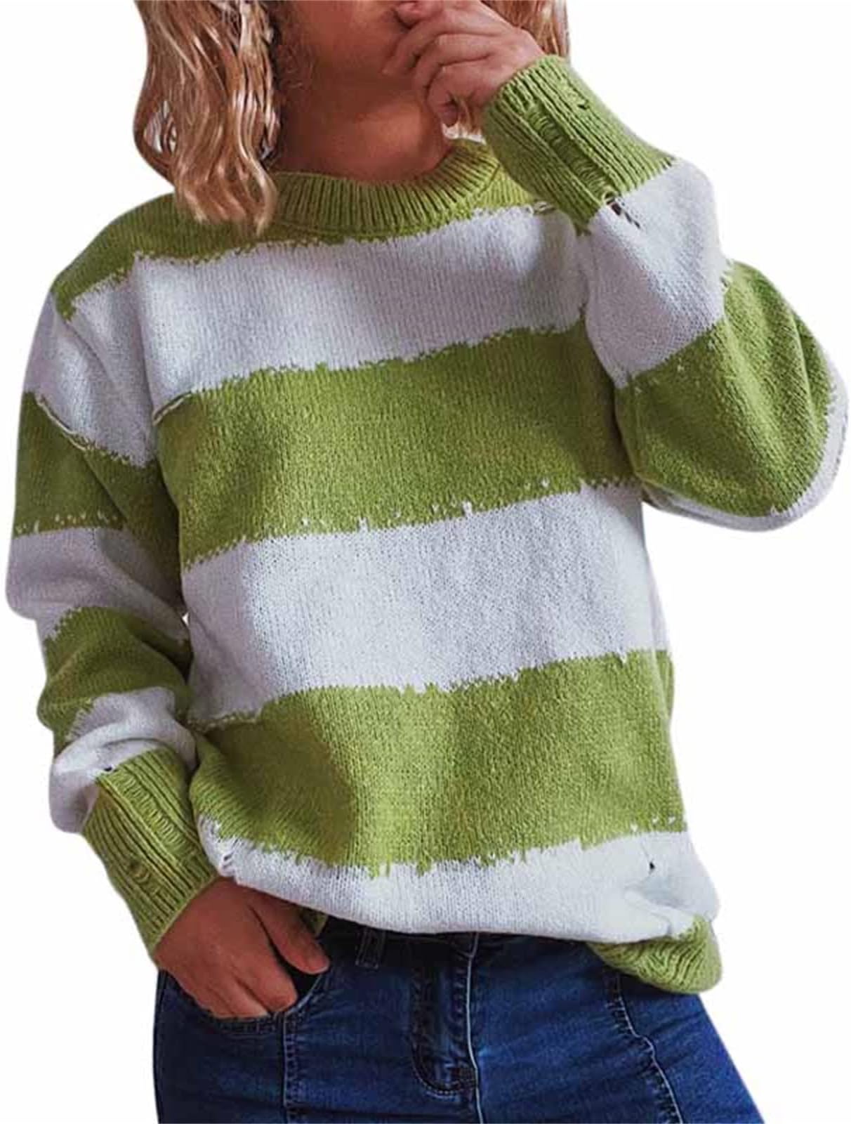 QJWM Women's Winter Knitted Jumper with Crew Neck, Long Sleeves, Striped Fashion Pullover, Turtleneck Pullover, Black