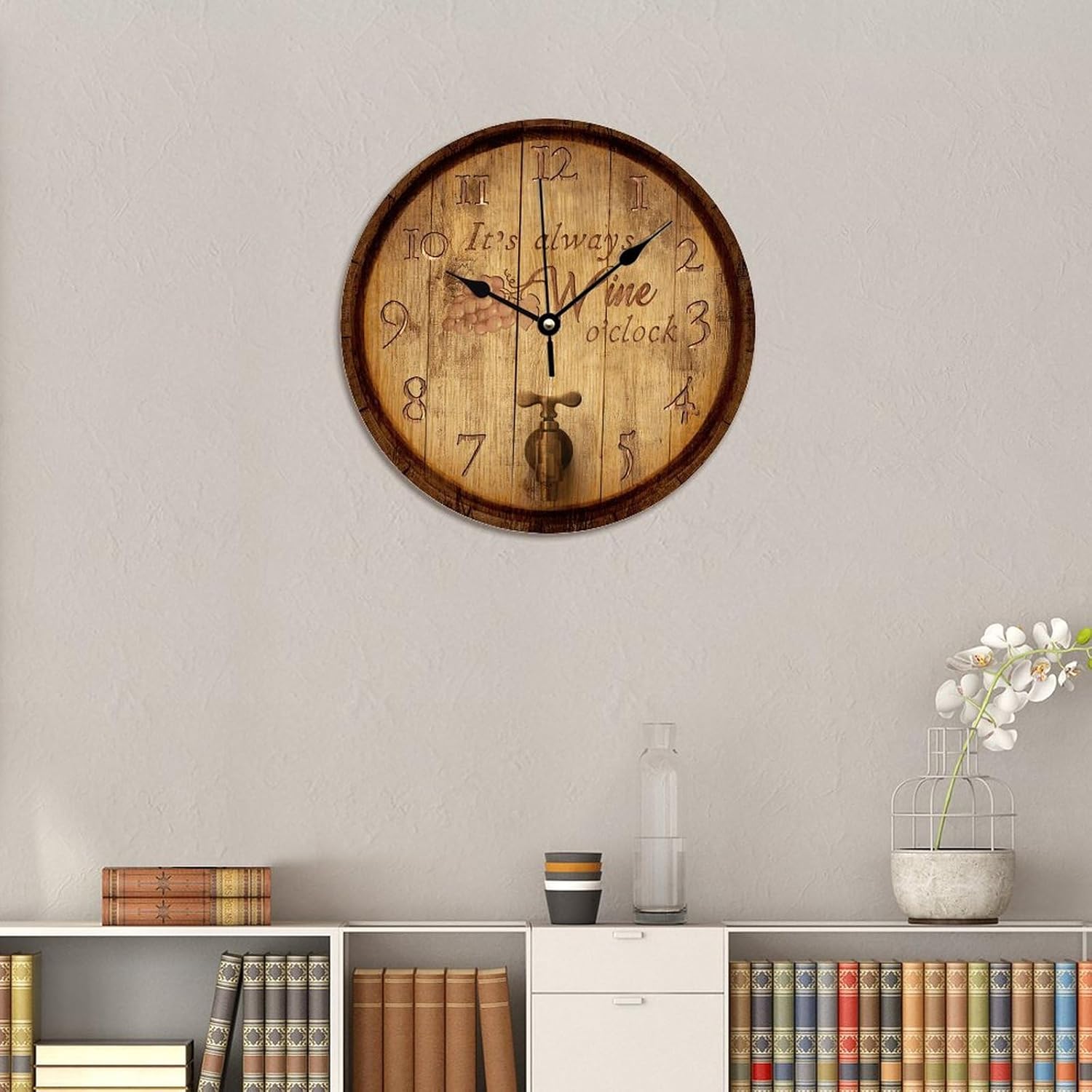 Wine Wall Clock 15x15 Inches Farmhouse Kitchen Decor Gifts Farmhouse PVC Clocks Silent Non-Ticking Battery Operated Rustic Wall Hanging Round PVC Clock for Bedroom Outdoor School