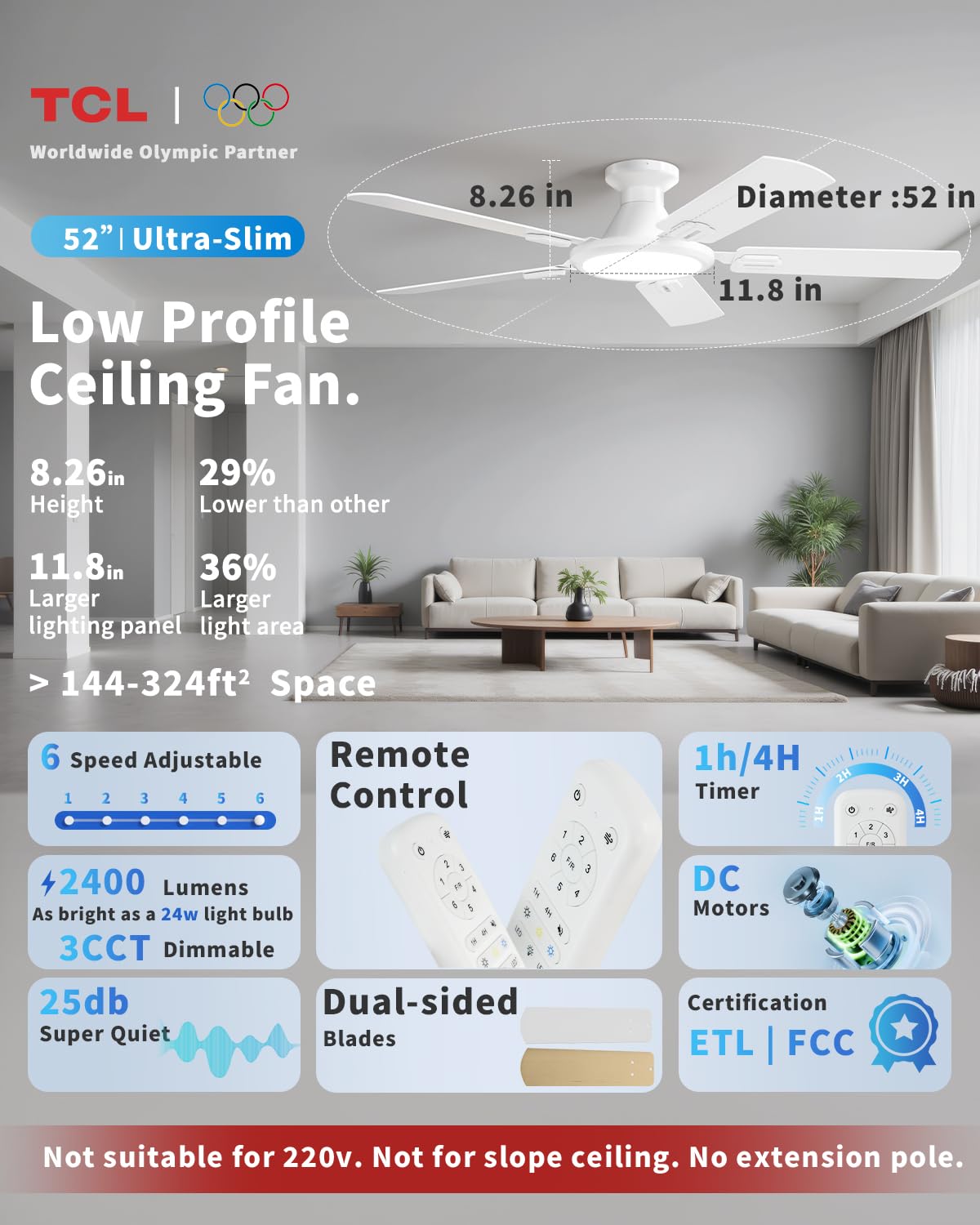 TCL 52 Low Profile Ceiling Fan with Light Slim White Flush Mount DC Reversible Motor 6 Speeds Remote — view 2