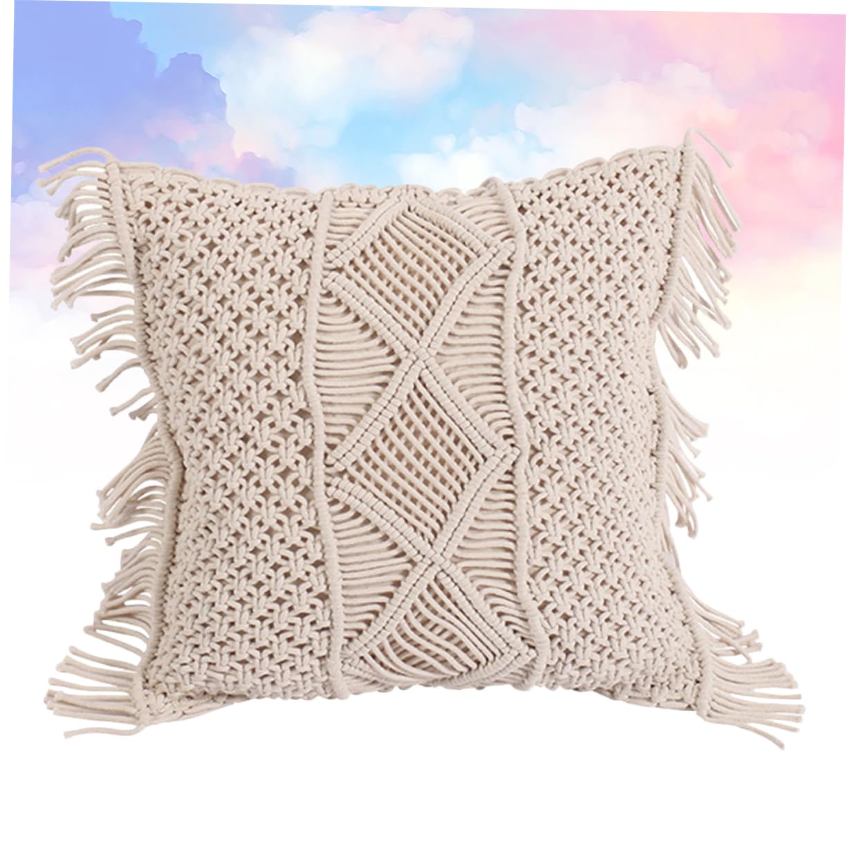 Fodera Cuscino Intrecciata a Mano Beige Frange 1 Pezzo | Cotone, Uso Casa e Regalo Inaugurazione, Copricuscino per Divano, Stile Semplice Delicato