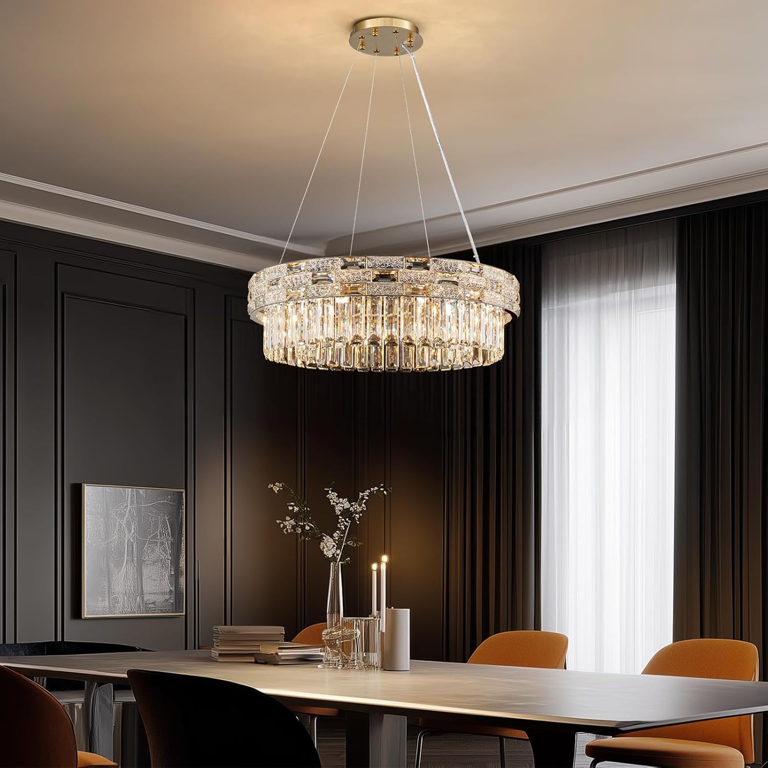 Morden Crystal Chandeliers for Dining Room 8 Lights Gold Chandelier Round Crystal Chandelier Pendant Light Fixture Kitchen Island Entryway Living Room 23" D x 8.7" H
