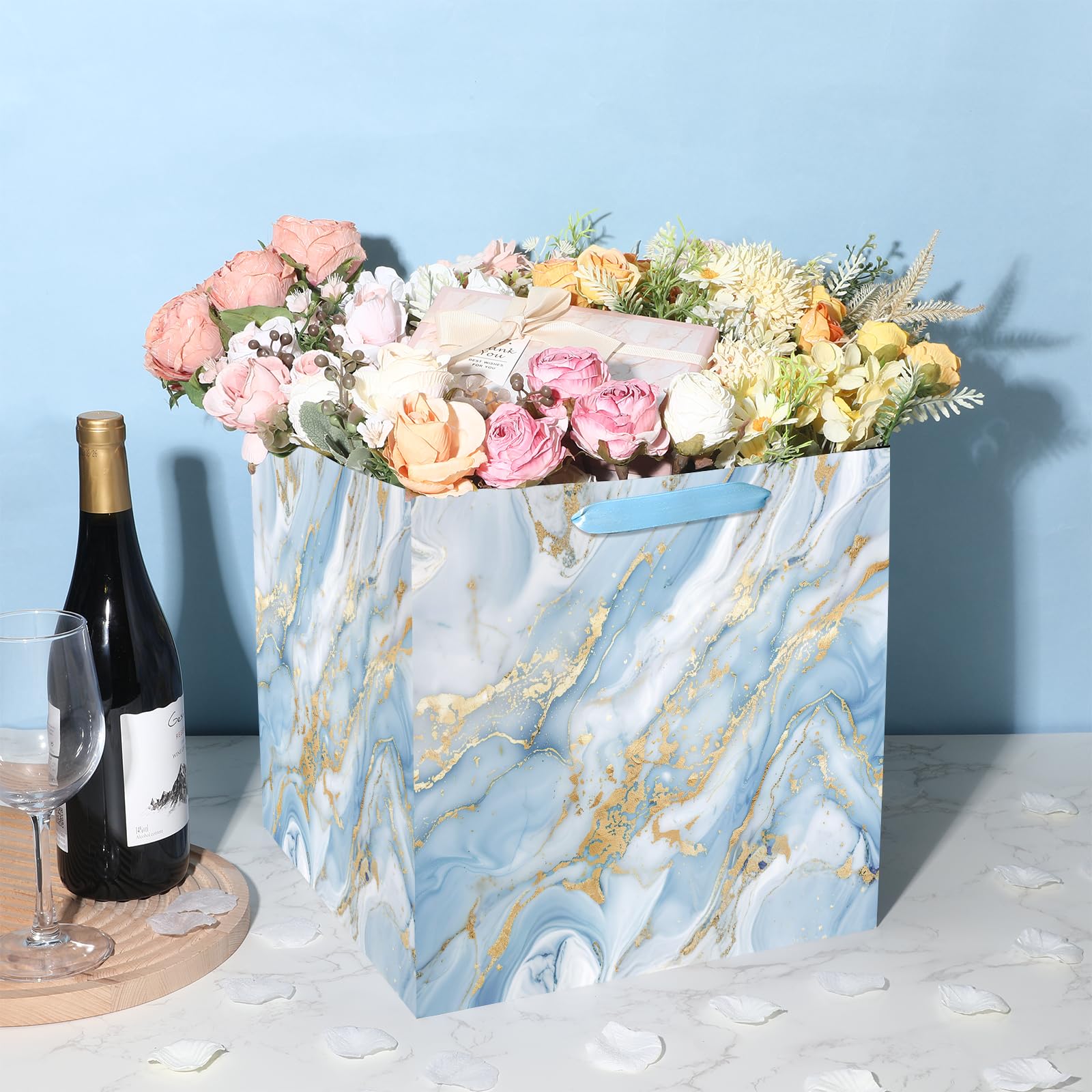 Woosytoo 12 Inch Extra Large Gift Bags - Blue Gold Marble Square Gift Bag with Handles Jumbo Wedding Gift Bags Giant Wrapping Paper Bag for Birthday Christmas Engagement Bridal Shower Party Favors