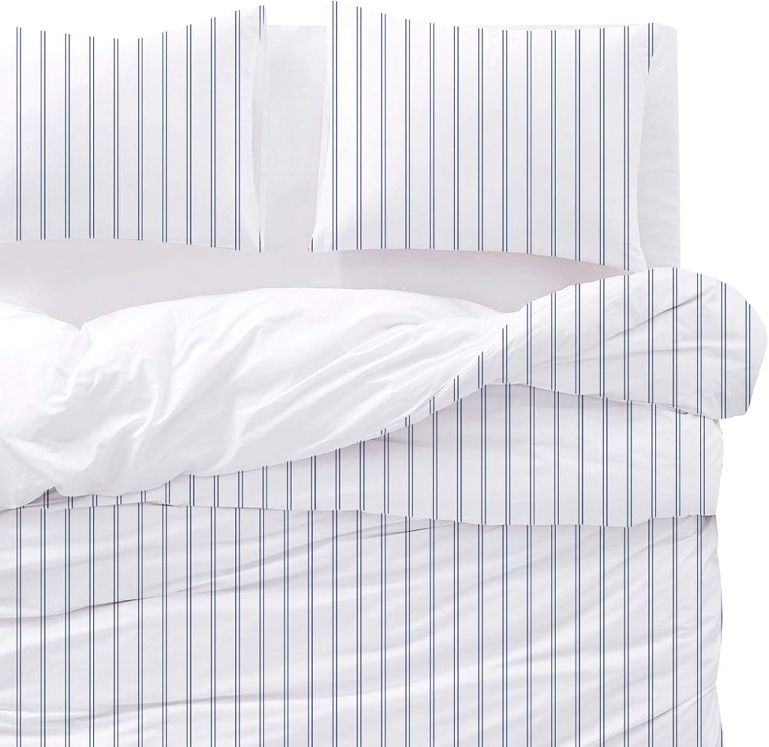 Wake In Cloud - Striped Comforter Set, Ticking Stripe Vertical Pinstripe Neutral Farmhouse Pattern Printed, Soft Lightweight Bedding, 3 Pieces, Navy White, Queen Size - Image 4
