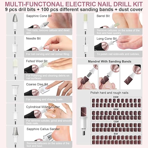 Miniatura 4 de Juego de lima de uñas eléctrica 18 en 1, manicura profesional 8 en 1 y kit de pedicura 10 en 1, kit de taladro eléctrico LED inalámbrico, molinillo