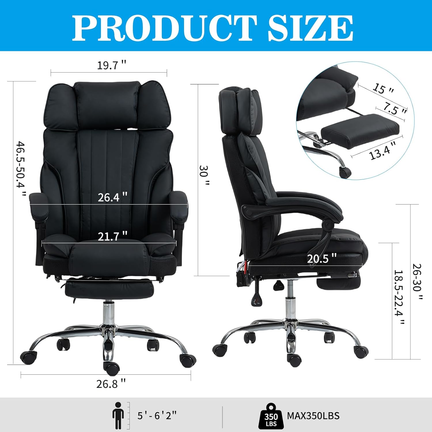Massage Office Chair with Heat and 8 Vibration Points Big and Tall Executive Office Chair with Adjustable Headrest, Extra Wide Seat, Footrest, Padded Armrests, Reclining High Backrest