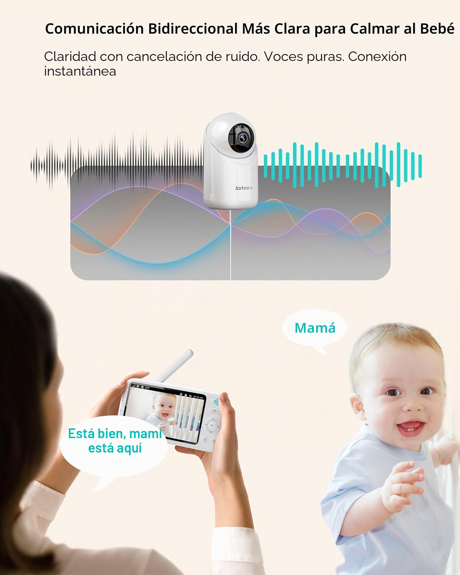 Jartoo Monitor de bebé con video 2K y cámara y audio, monitor de bebé de largo alcance de 567 metros sin WiFi, pantalla FHD de 5.5", cámara para bebé ANC inalámbrica, reloj de alimentación, visión