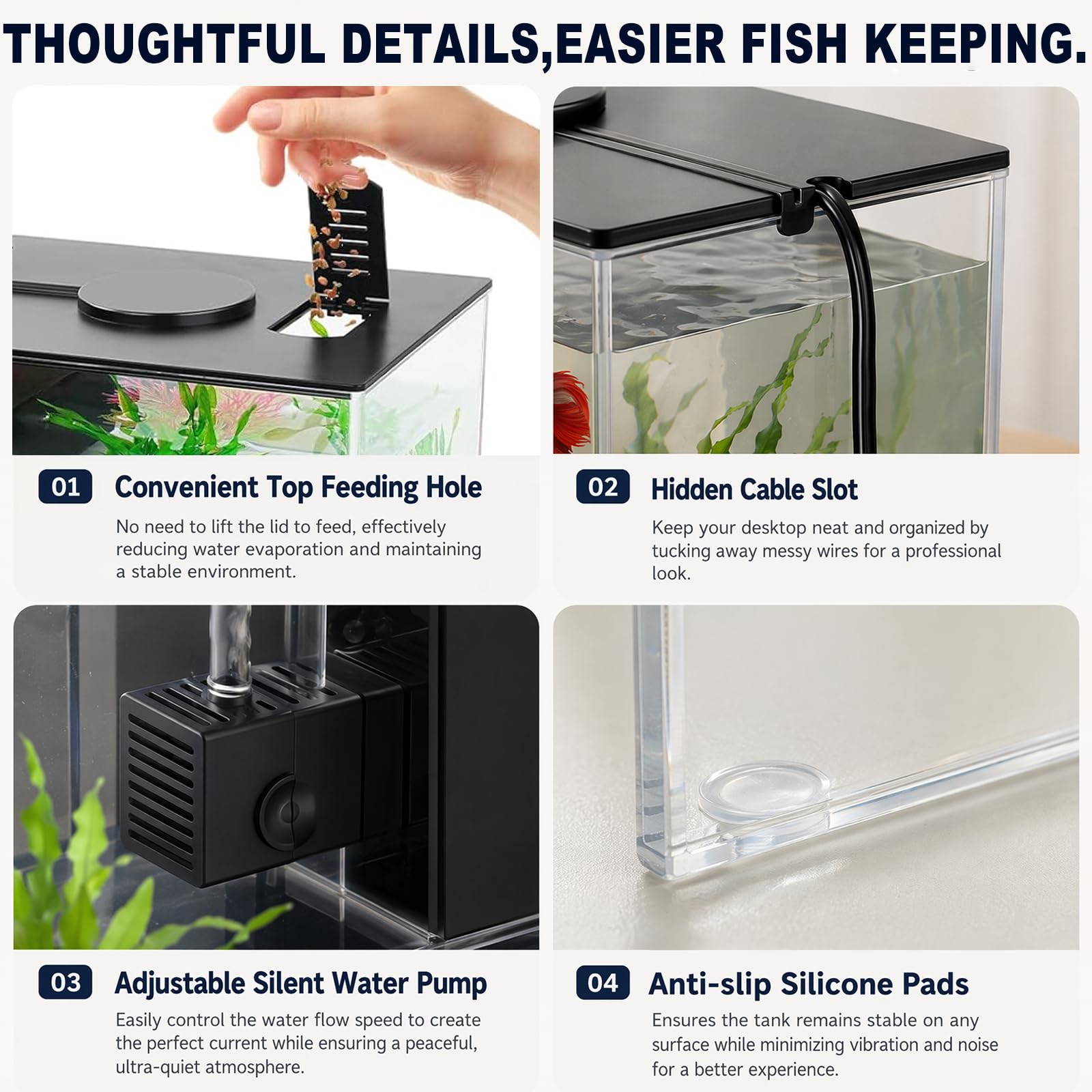 Kit de démarrage pour aquarium 3,7 l - Petit aquarium Betta en acrylique avec pompe filtrante et couvercle et éclairage LED - Pour petits poissons et crevettes