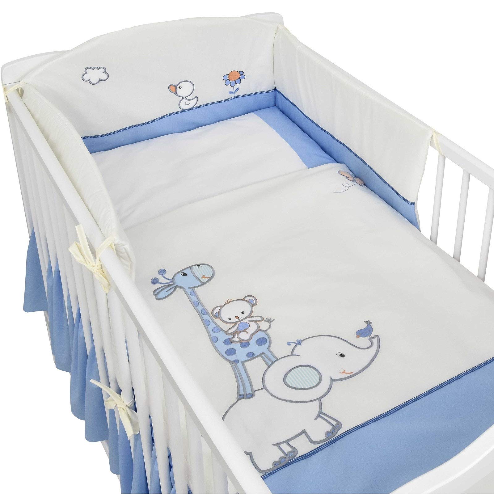 Babybett Komplett Set Max Prince 60x120 weiß Kinderbett umbaubar zum Juniorbett inkl. Bettwäsche Set Komplett (Zirkus blau)