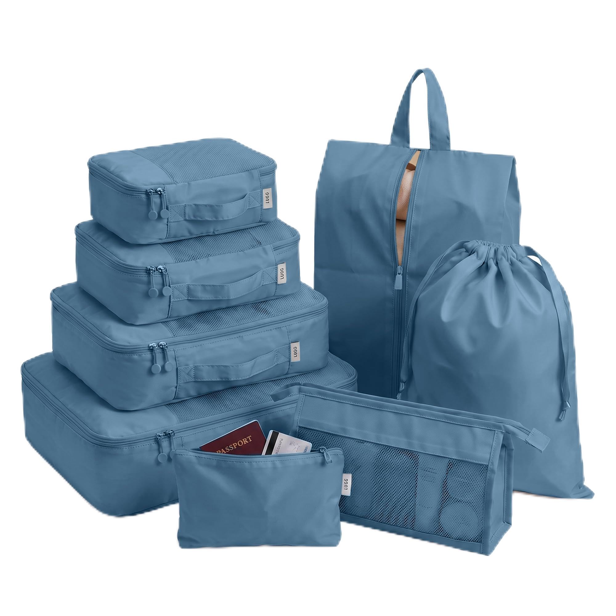 LUGG 8 Set Compression Packing Cubes for Suitcases – Suitcase Organiser Set, Lightweight 290D Polyester Waterproof Travel Bags, Luggage Packing Organizers, Travel Essentials for Men & Women