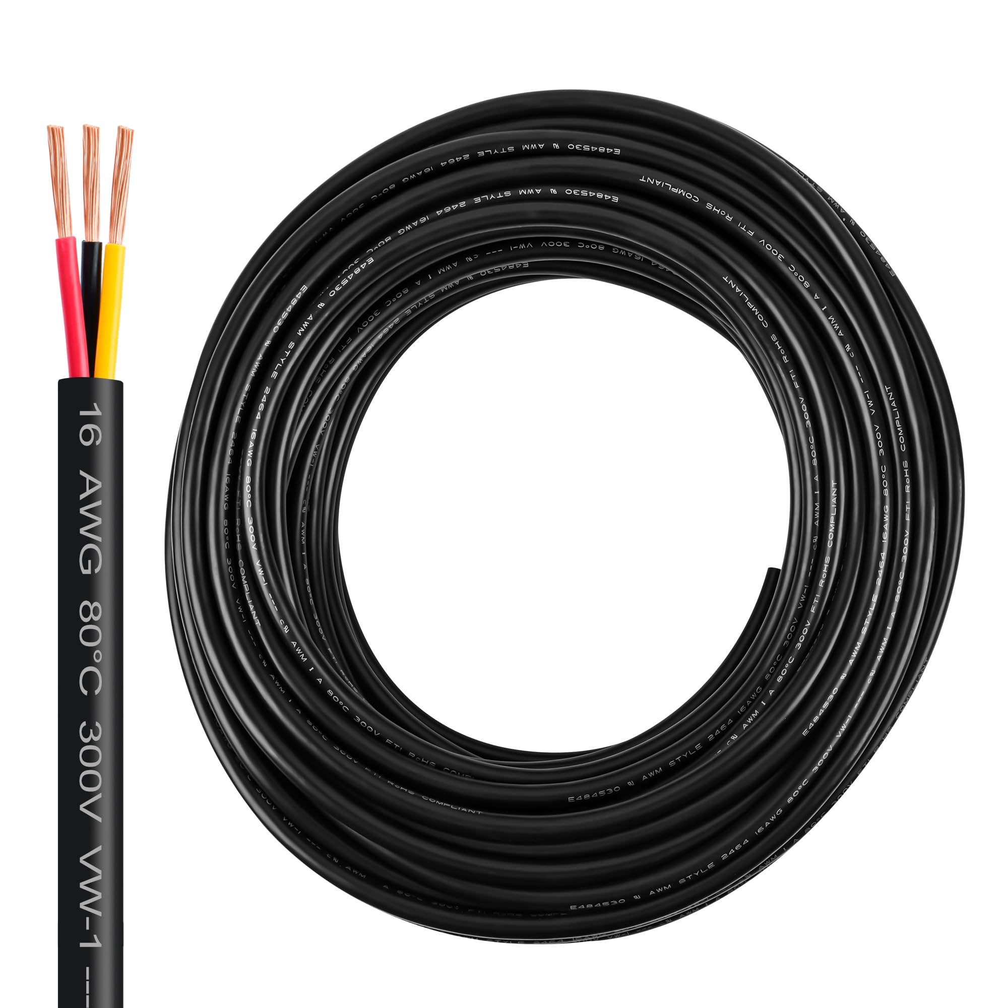 16 Gauge Wire 3 Conductor,16 AWG Electrical Wire Stranded PVC Cord Oxygen-Free Copper Cable,100FT 3 Core Pure Copper Flexible Cable Wire for LED Lamp Lighting Strips Automotive (100FT, 16AWG-3C)…