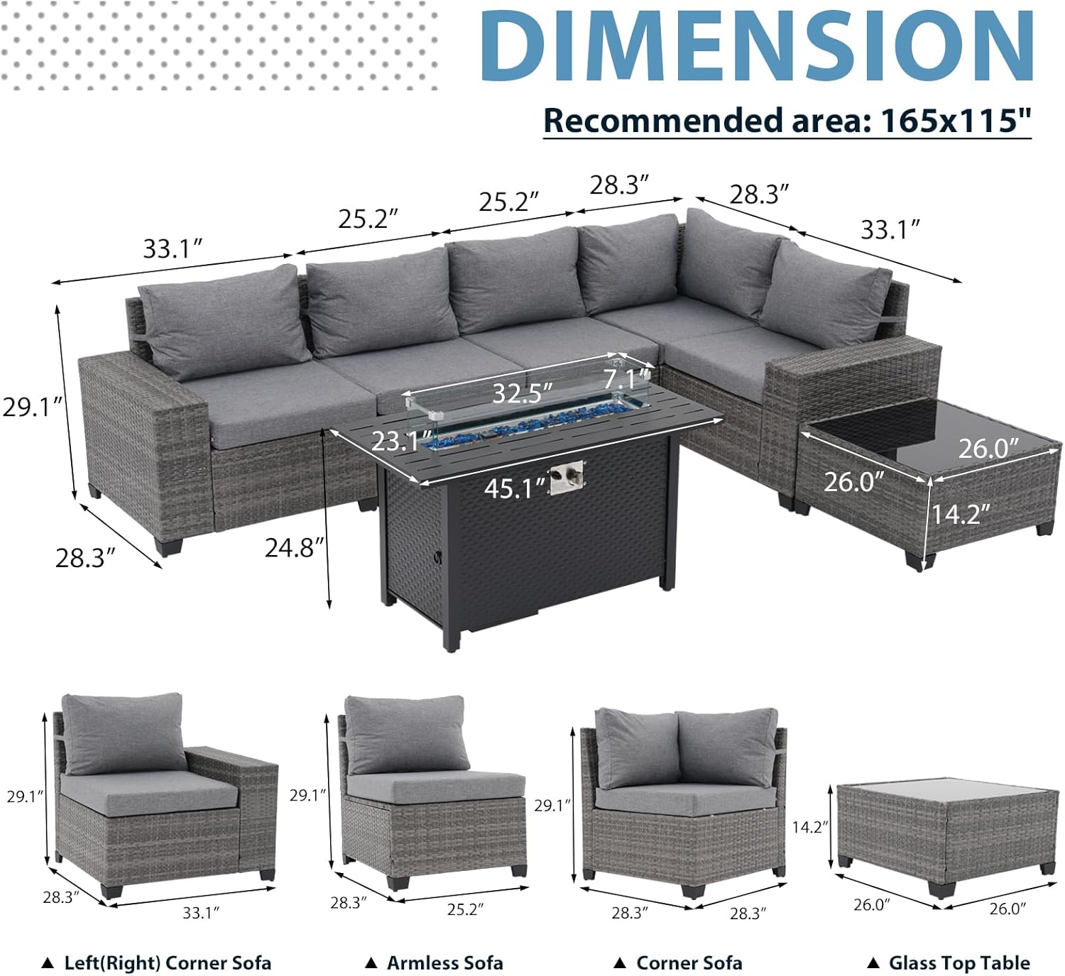 JOIVI 7-Piece Outdoor Set with Fire Pit Table - Versatile Wicker Sofa Set Arrangement with Blue Glass Beads & Safety Features, 2 Color Cushion Covers Available, Ideal for Outdoor Entertainment