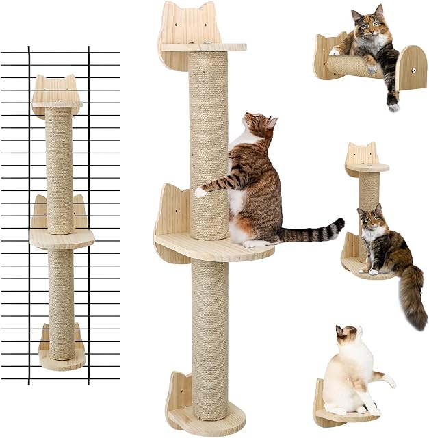 Wall Mounted Cat Scratching Post - Sisal Cat Scratcher Solid Wood Cat Wall Shelves Steps Cat Furniture for Indoor Large Cats Kittens, 38 Inch Tall Cat Scratching Post Tree in Mutil- Assembly Ways