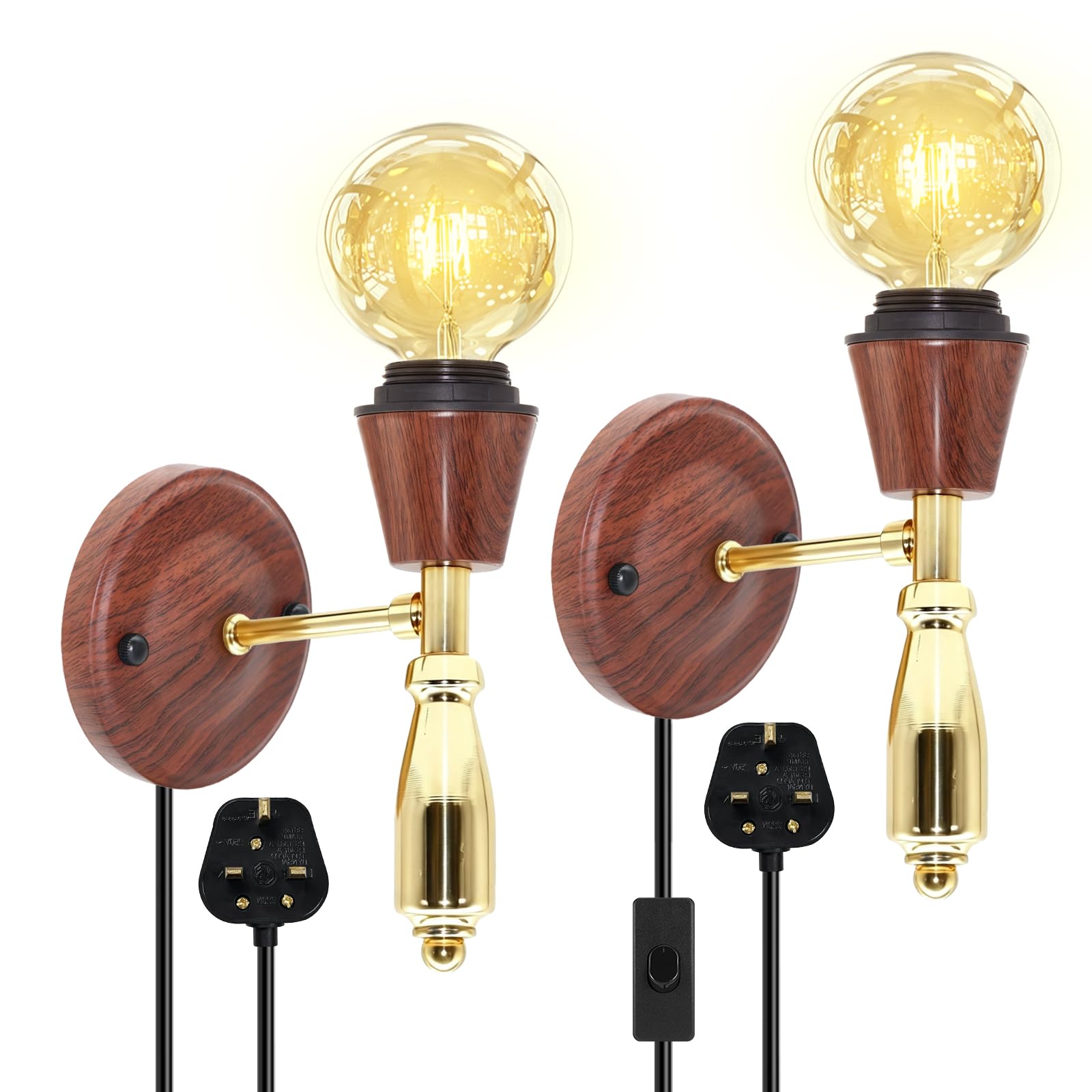 LAKONEI Vintage Industrial Wall Sconce Set of 2, Plug in Wall Light with Switch, Gold T-Shape Arm Metal Lamp Holder, Brown Grain Base Wall Lamp, Bedroom Wall Lighting (No Bulb)