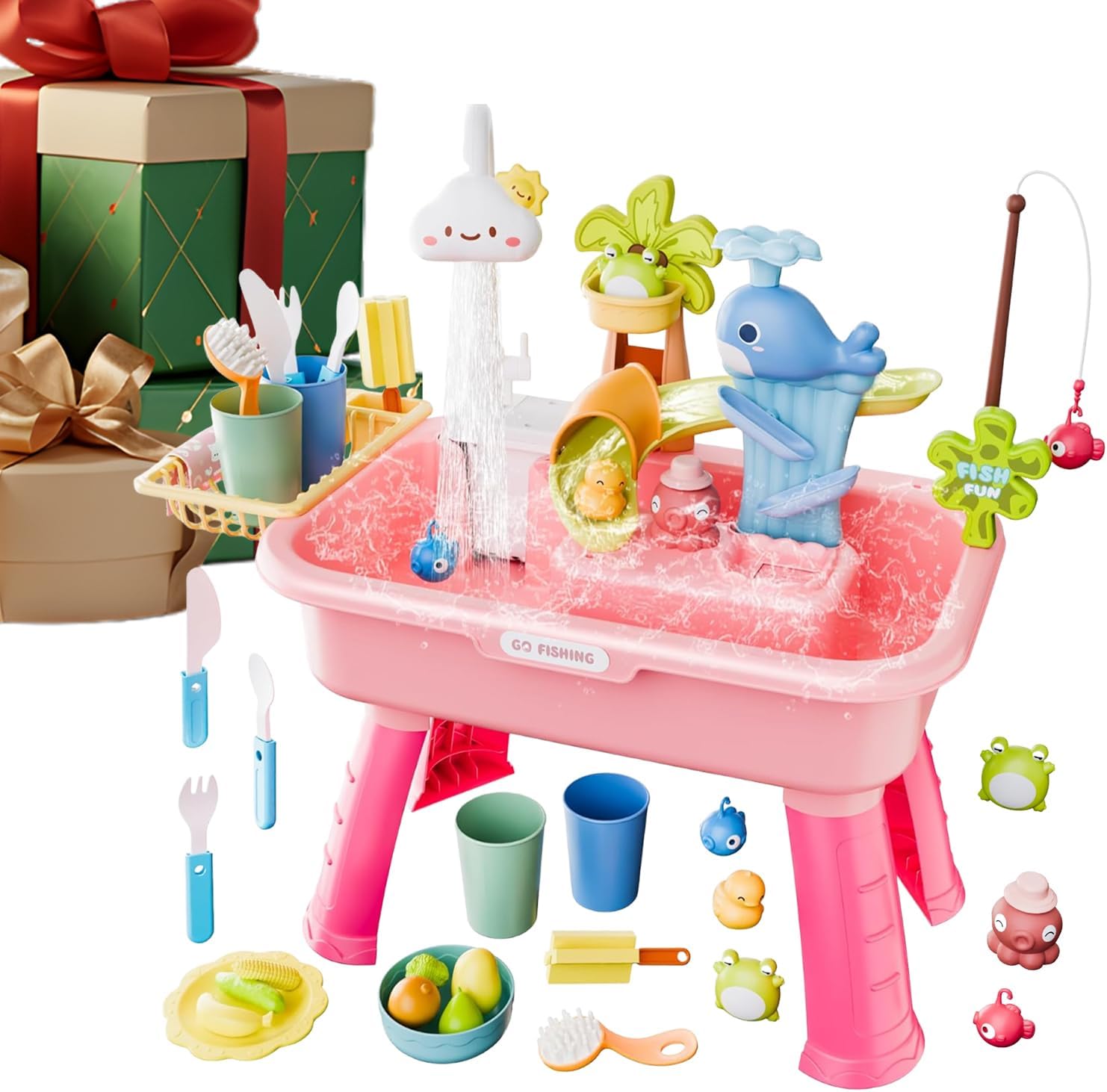 Water Feature Table for Children, Rain Shower Splash Pond for Toddlers, Water Table for Playing in the Kitchen, 4 and 1 Play Sinks with Pump, Flowing Water for 4-8 Summer Beach Pool
