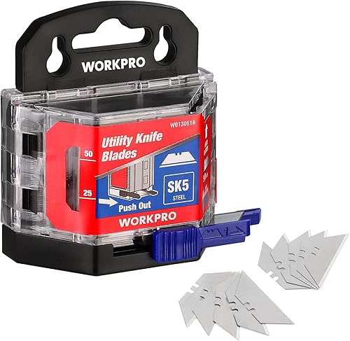 WORKPRO Paquete de 50 cuchillas de cuchillo utilitario con dispensador, cortador de caja de acero SK5, cuchillas estándar para reemplazo de