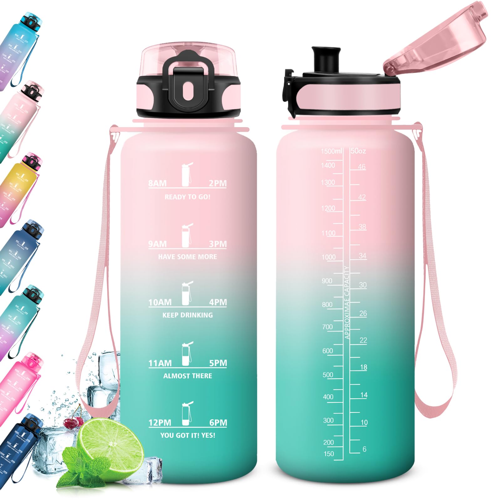 KollyKolla Motivational Water Bottle 500ml/1L/1.5L, Sports Water Bottle with Time Marking, BPA Free Water Bottle, Leak Proof, Water Bottles for Kids, Adult, Gym, Work, School
